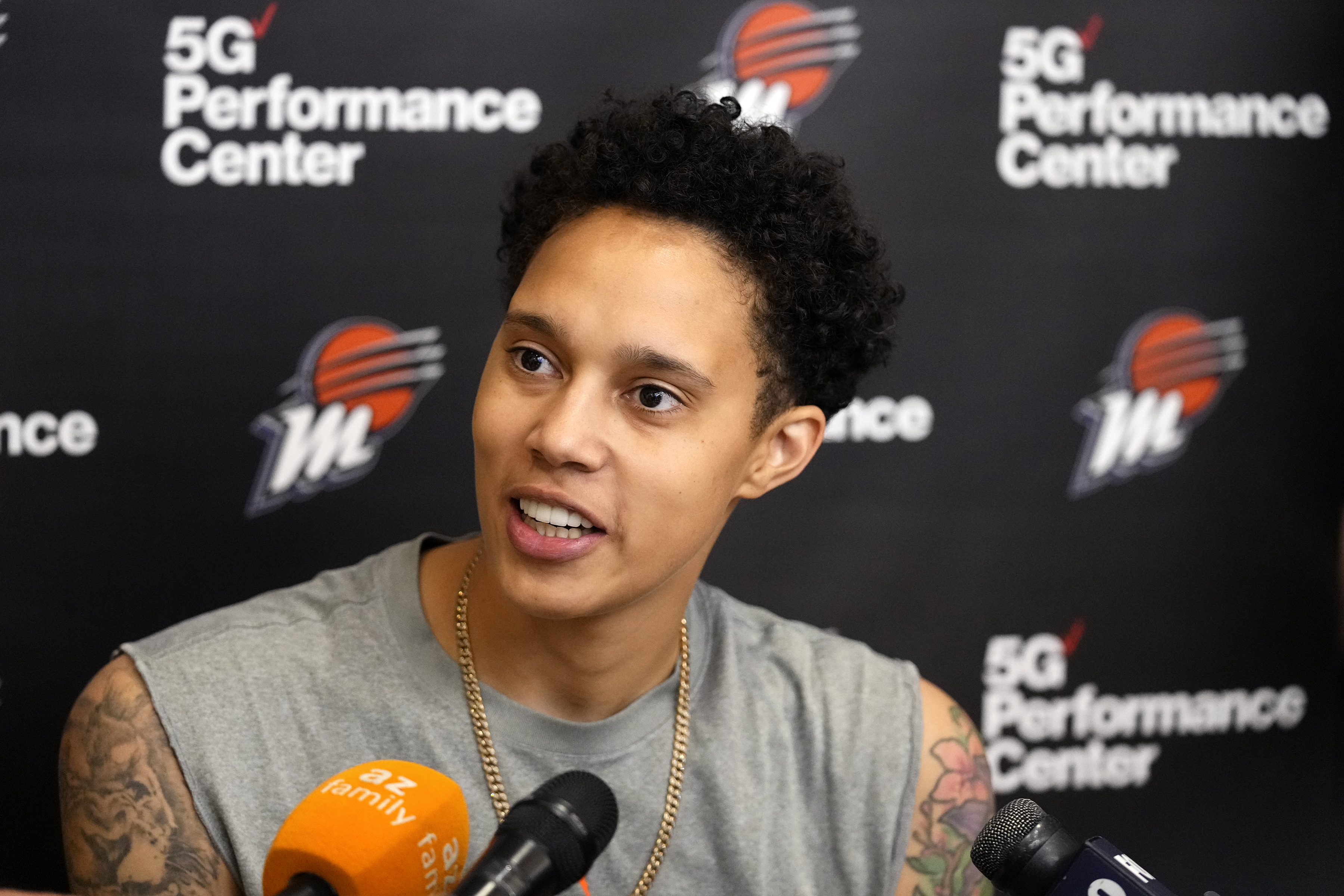 Phoenix Mercury WNBA basketball All-Star center Brittney Griner speaks about recent events, the struggling Mercury team, and the new Mercury interim head coach during a news conference Monday, June 26, 2023, in Phoenix. 