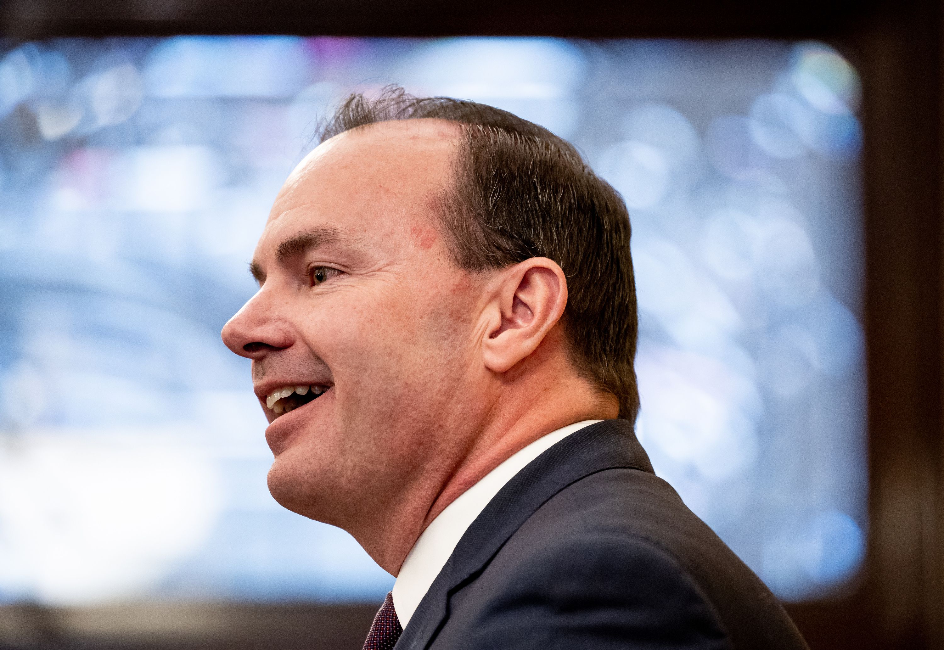 Sen. Mike Lee, R-Utah, at the Capitol in Salt Lake City on Friday. The House passed a defense bill Friday that would also change Pentagon policies, including those related to transgender issues, diversity and abortion. 