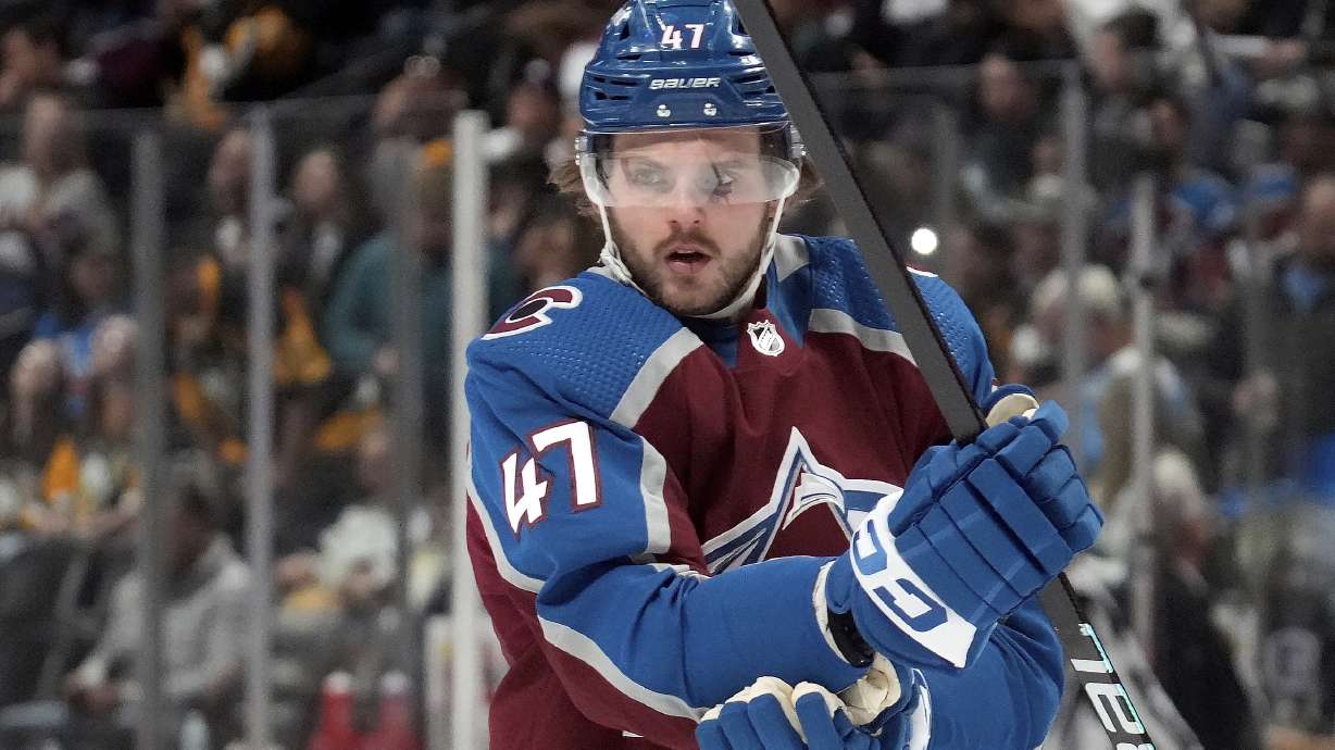 FILE - Colorado Avalanche forward Alex Galchenyuk adjusts his pads during the second period of an NHL hockey game March 22, 2023, in Denver. The Arizona Coyotes have placed newly signed free agent Galchenyuk on unconditional waivers and plan to terminate his contract following his arrest on multiple charges over the weekend, the team said Thursday, July 13.