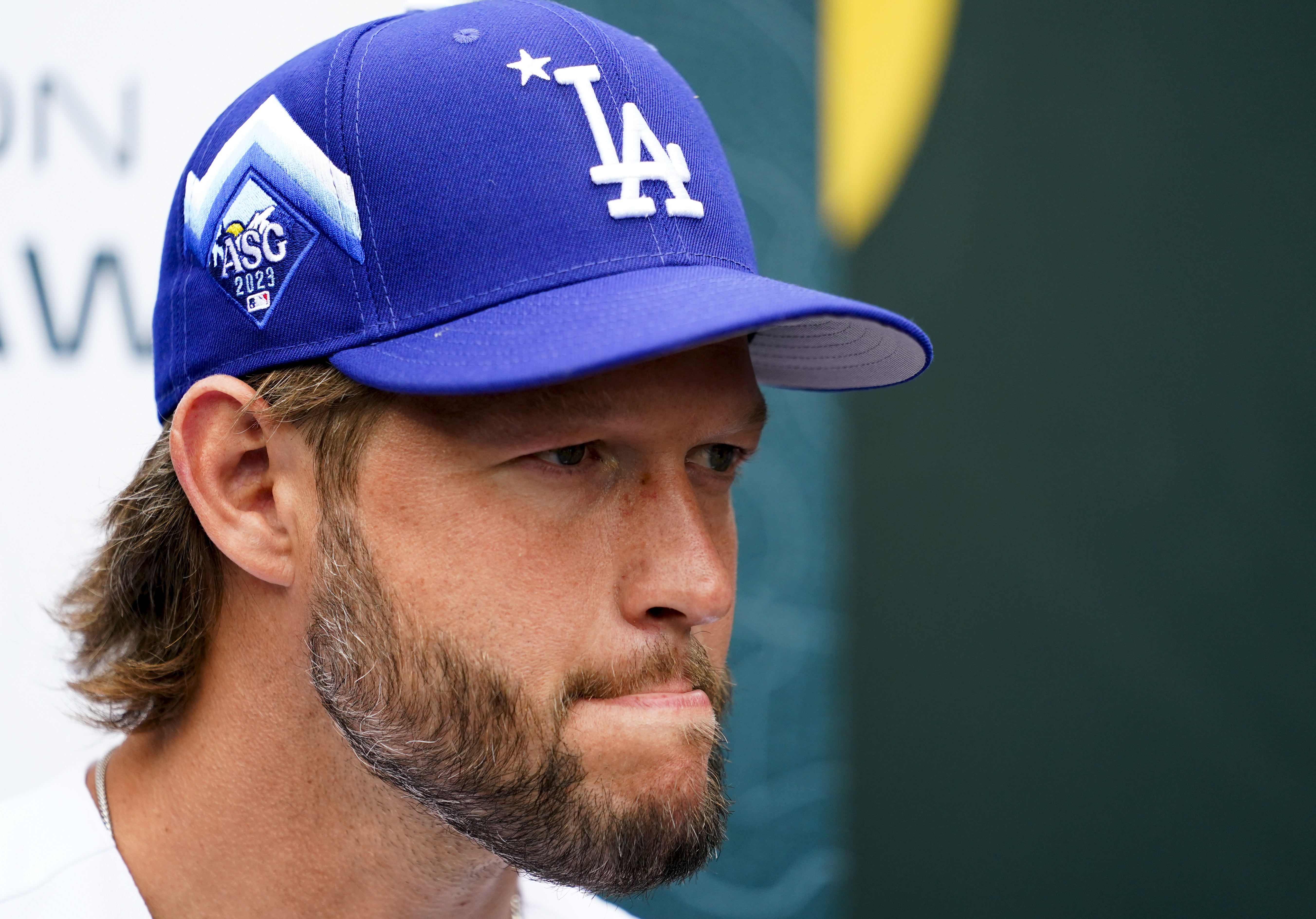 National League's Clayton Kershaw, of the Los Angeles Dodgers, listens to a question during an All-Star Game player availability, Monday, July 10, 2023, in Seattle. The All-Star Game will be played Tuesday, July 11.