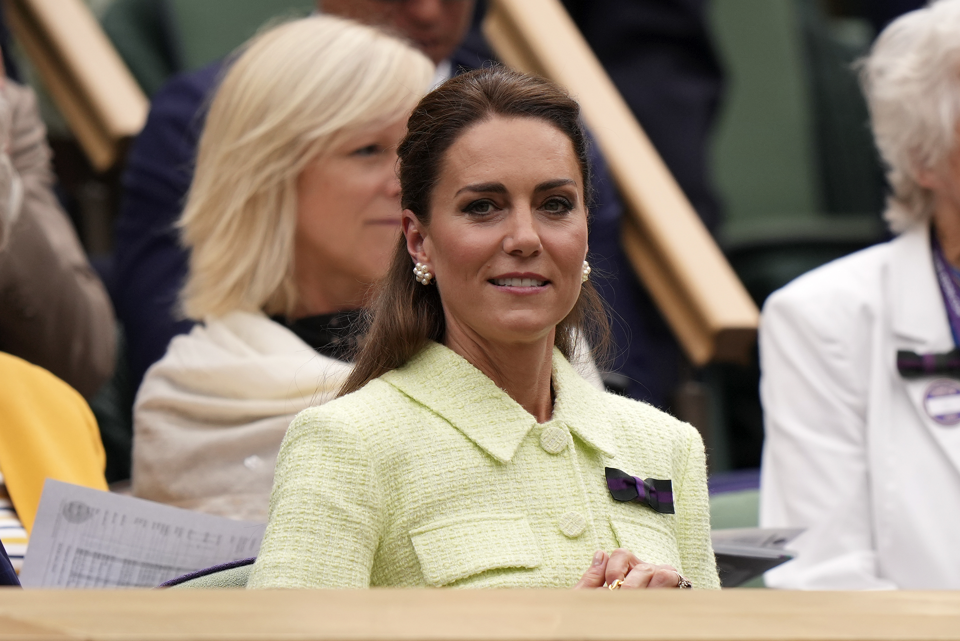 Kate, Princess of Wales sits in the Royal Box ahead of the final of the women's singles between the Czech Republic's Marketa Vondrousova and Tunisia's Ons Jabeur on day thirteen of the Wimbledon tennis championships in London, Saturday, July 15, 2023. 