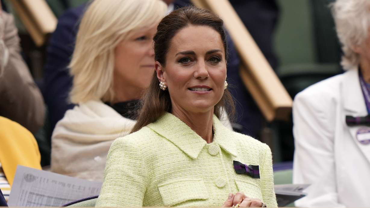 Kate, Princess of Wales sits in the Royal Box ahead of the final of the women's singles between the Czech Republic's Marketa Vondrousova and Tunisia's Ons Jabeur on day thirteen of the Wimbledon tennis championships in London, Saturday, July 15, 2023.