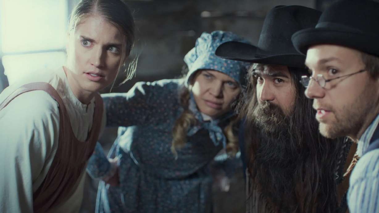 Natalie Madsen, Mallery Everton, Jeremy Warner and Stephen Meek in “Go West,” which hits Utah theaters July 19, ahead of a national release.