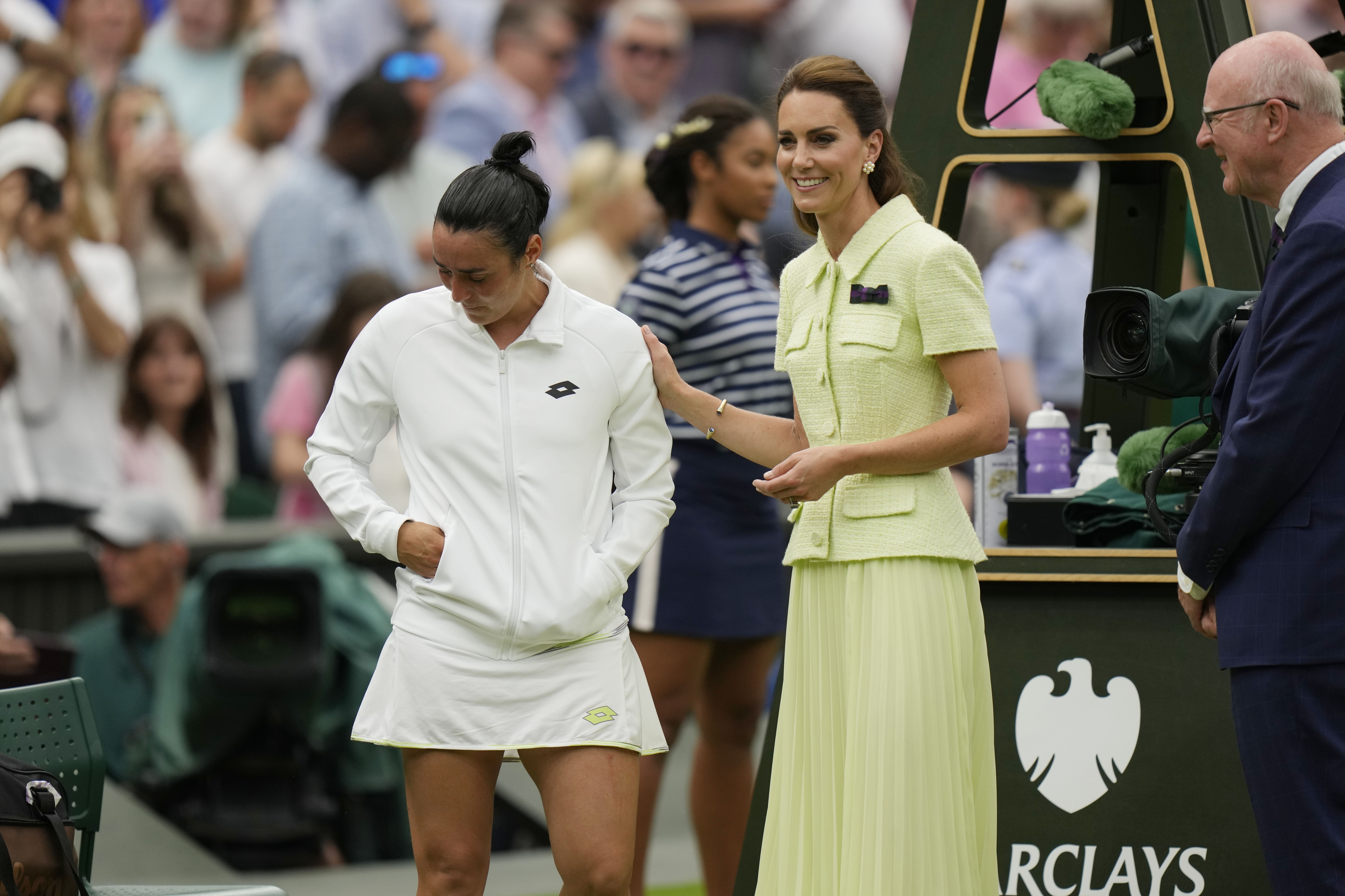 Tunisia's Ons Jabeur speaks with Britain's Kate, Princess of Wales after losing to Czech Republic's Marketa Vondrousova in the women's singles final on day thirteen of the Wimbledon tennis championships in London, Saturday, July 15, 2023. 