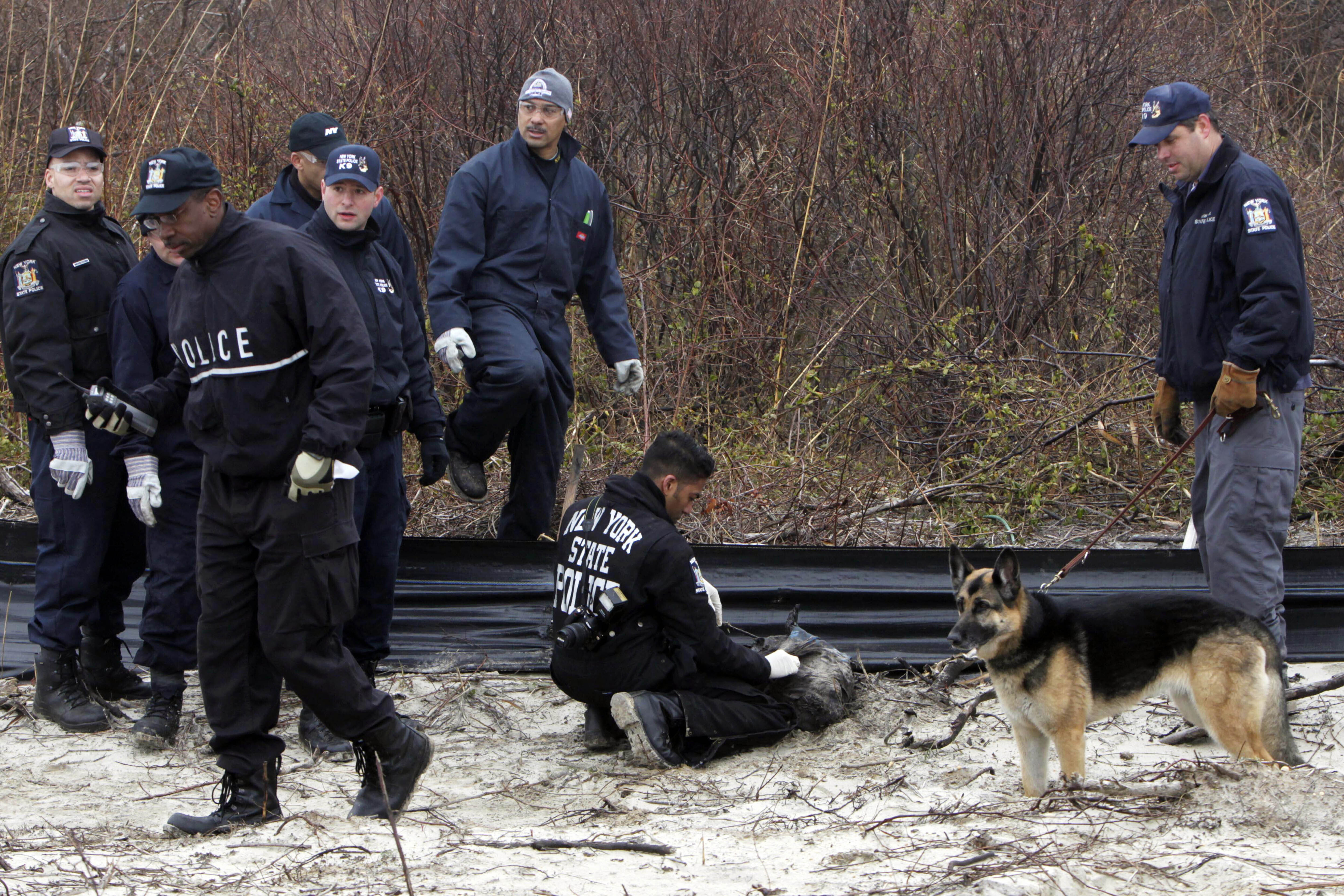 Law enforcement and emergency personnel work near Jones Beach on April 11, 2011, in Wantagh, N.Y. A Long Island architect was charged Friday with murder in the deaths of three in a long-unsolved string of killings.