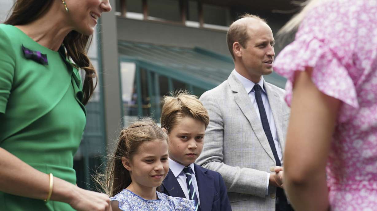 The Prince and Princess of Wales with Prince George and Princess Charlotte arrive on day fourteen of the 2023 Wimbledon Championships at the All England Lawn Tennis and Croquet Club in Wimbledon, Sunday July 16, 2023.