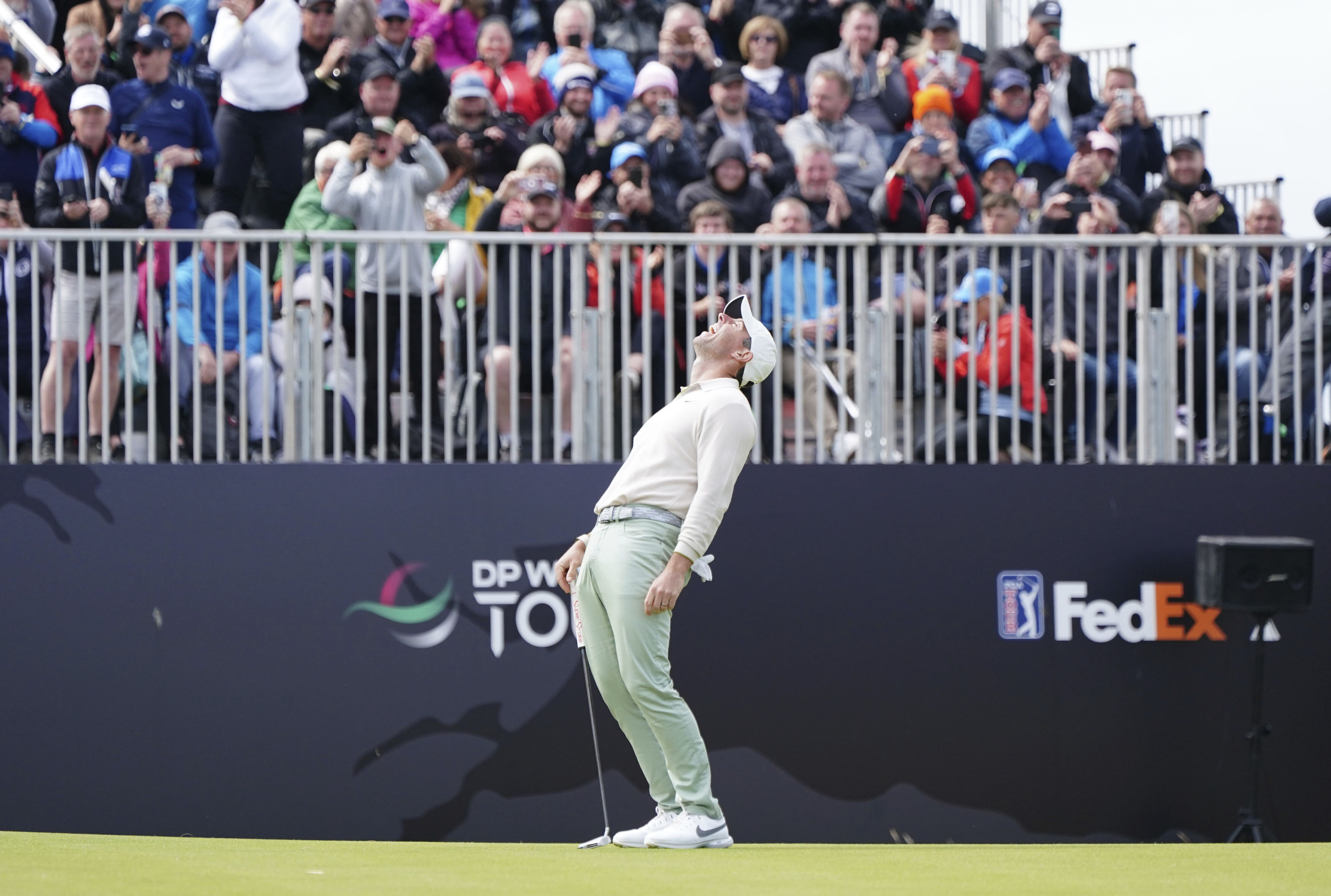 Rory McIlroy celebrates completing his round on day four of the Genesis Scottish Open 2023 golf tournament at The Renaissance Club, North Berwick, Britain, Sunday, July 16, 2023. 