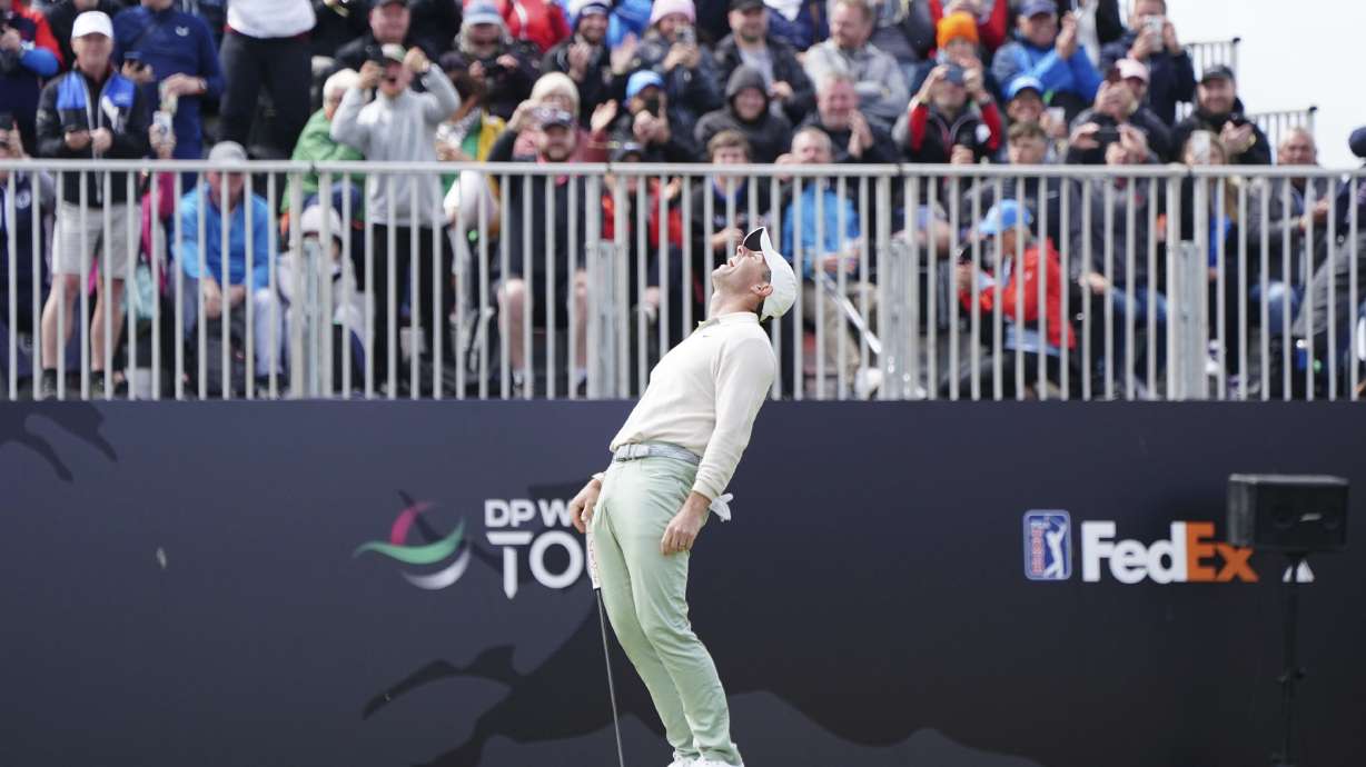 Rory McIlroy celebrates completing his round on day four of the Genesis Scottish Open 2023 golf tournament at The Renaissance Club, North Berwick, Britain, Sunday, July 16, 2023.