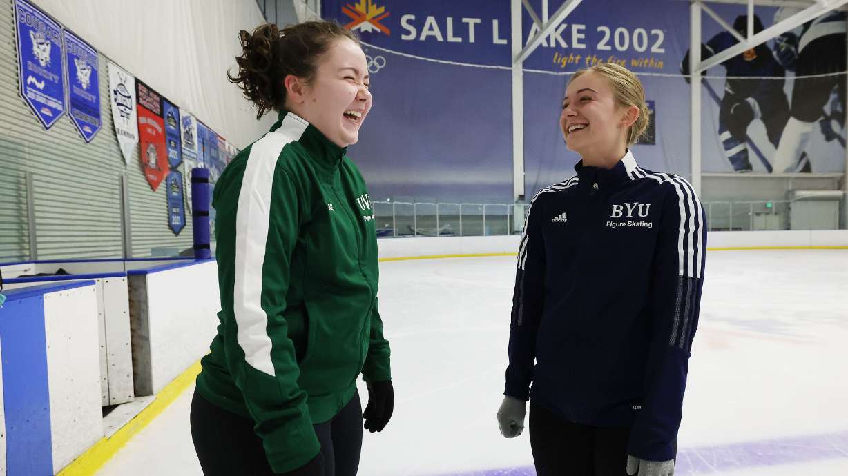 Skaters Kylie Pattberg, who attends UVU, and Lauren Spilker, who attends BYU, laugh while practicing at Seven Peaks Ice Arena in Provo on July 14. They are preparing for the national collegiate figure skating championships.