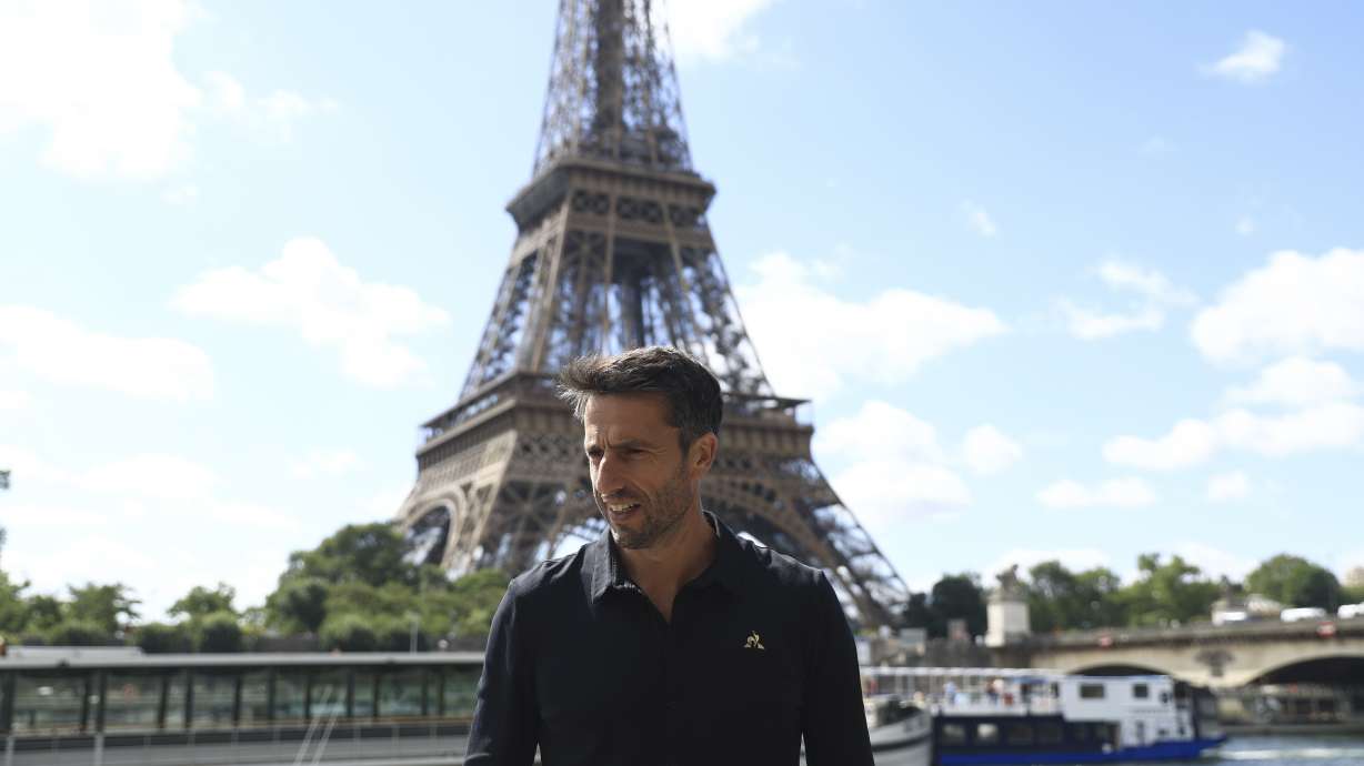 Paris 2024 Olympics Organizing Committee President Tony Estanguet poses after a test for the Paris 2024 Olympic Games opening ceremony, Monday, July 17, 2023 in Paris. Thousands of Olympic athletes on boats will cruise along the River Seine for the Paris 2024 Olympic Games on July 26, 2024.