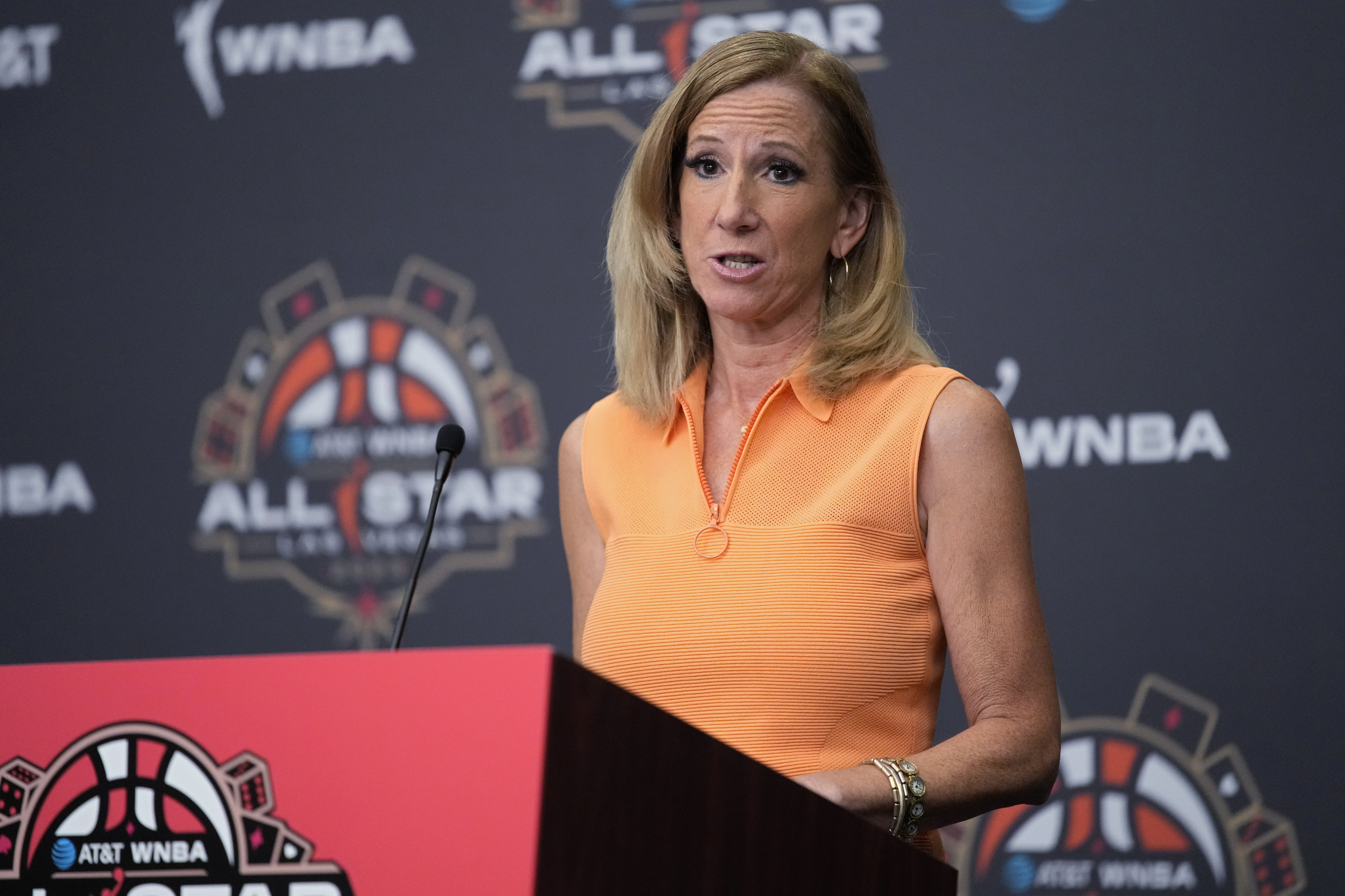 Catherine Engelbert, commissioner of the WNBA, speaks at a news conference before basketball's WNBA All-Star Game on Saturday, July 15, 2023, in Las Vegas. 