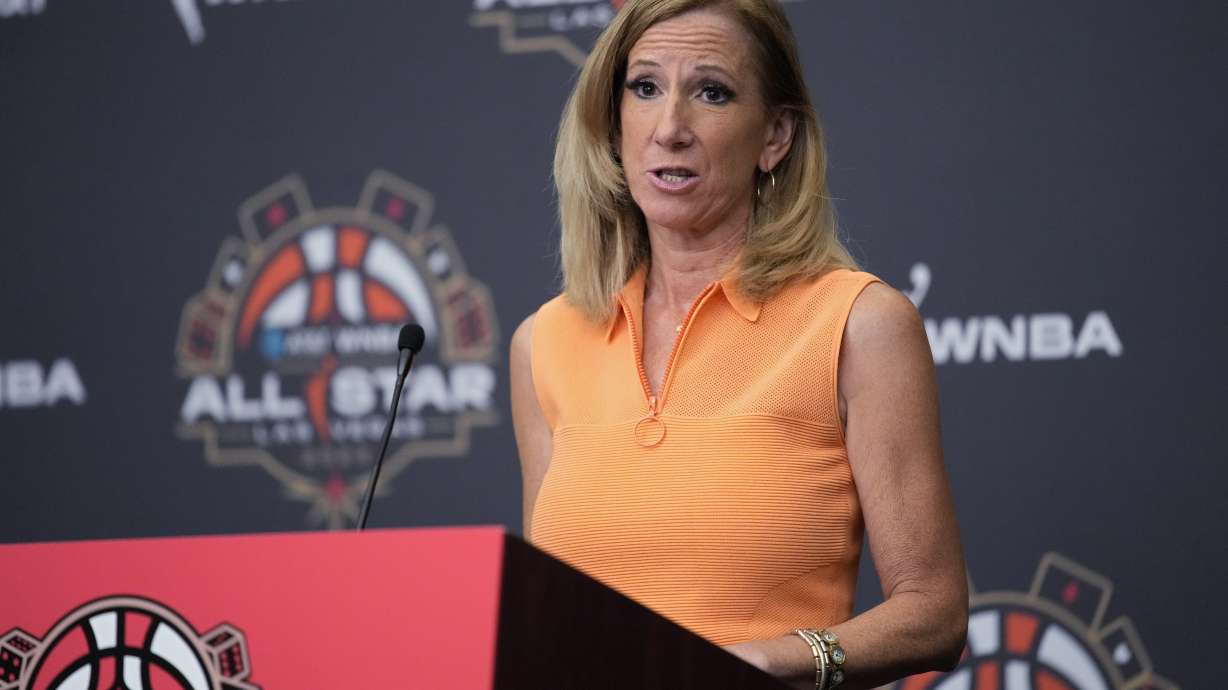 Catherine Engelbert, commissioner of the WNBA, speaks at a news conference before basketball's WNBA All-Star Game on Saturday, July 15, 2023, in Las Vegas.