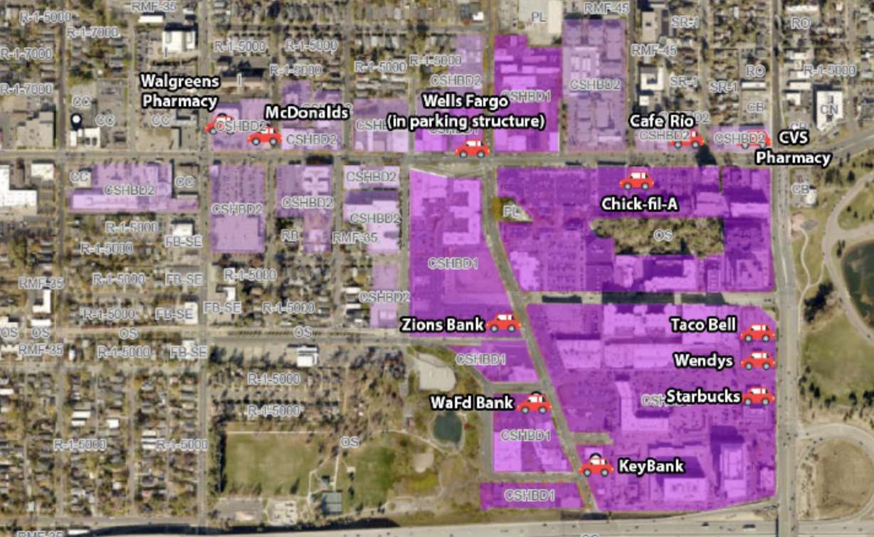 This map shows where the Sugar House Business District is located and businesses that currently have drive-thru service within it. Existing drive-thrus will not be altered by the Salt Lake City's zoning amendment banning new drive-thru service options in the area.