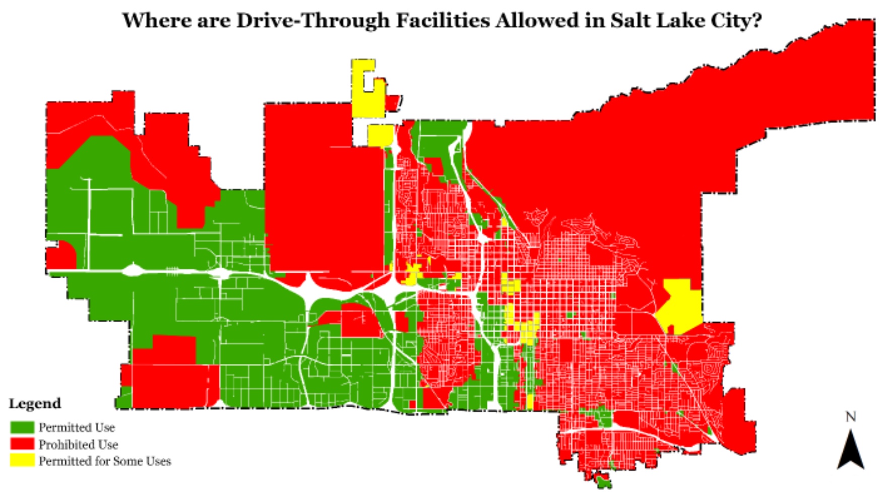 This map shows where drive-thru facilities are and aren't permitted within Salt Lake City.