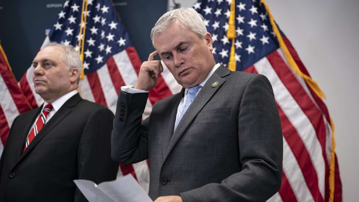 House Oversight and Accountability Committee Chair James Comer, R-Ky., and House Majority Leader Steve Scalise, R-La., left, speak in Washington on Tuesday. The oversight committee will address issues with two IRS whistleblowers Wednesday.