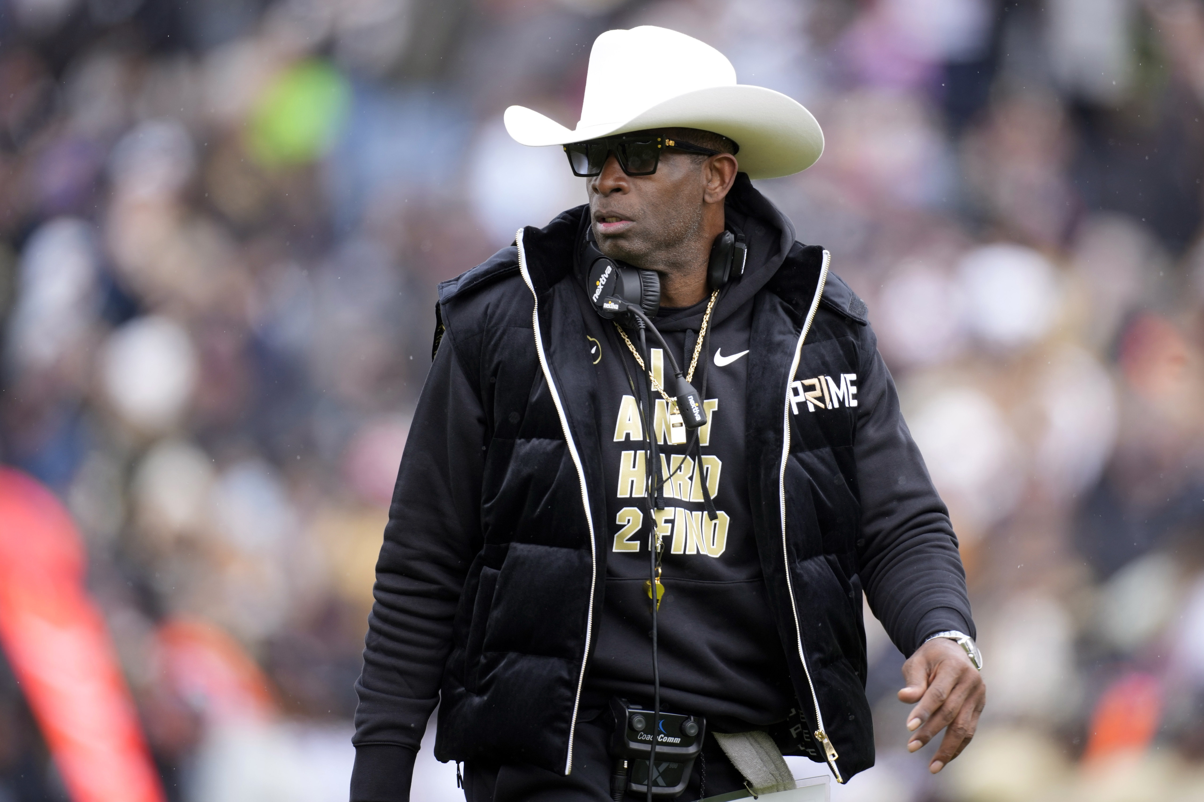 FILE - Colorado head coach Deion Sanders looks on in the first half of the team's spring practice NCAA college football game, April 22, 2023, in Boulder, Colo. Sanders is scheduled to undergo surgery Friday, June 23, for a blood clot in each leg, the University of Colorado football coach revealed in a video he posted. 