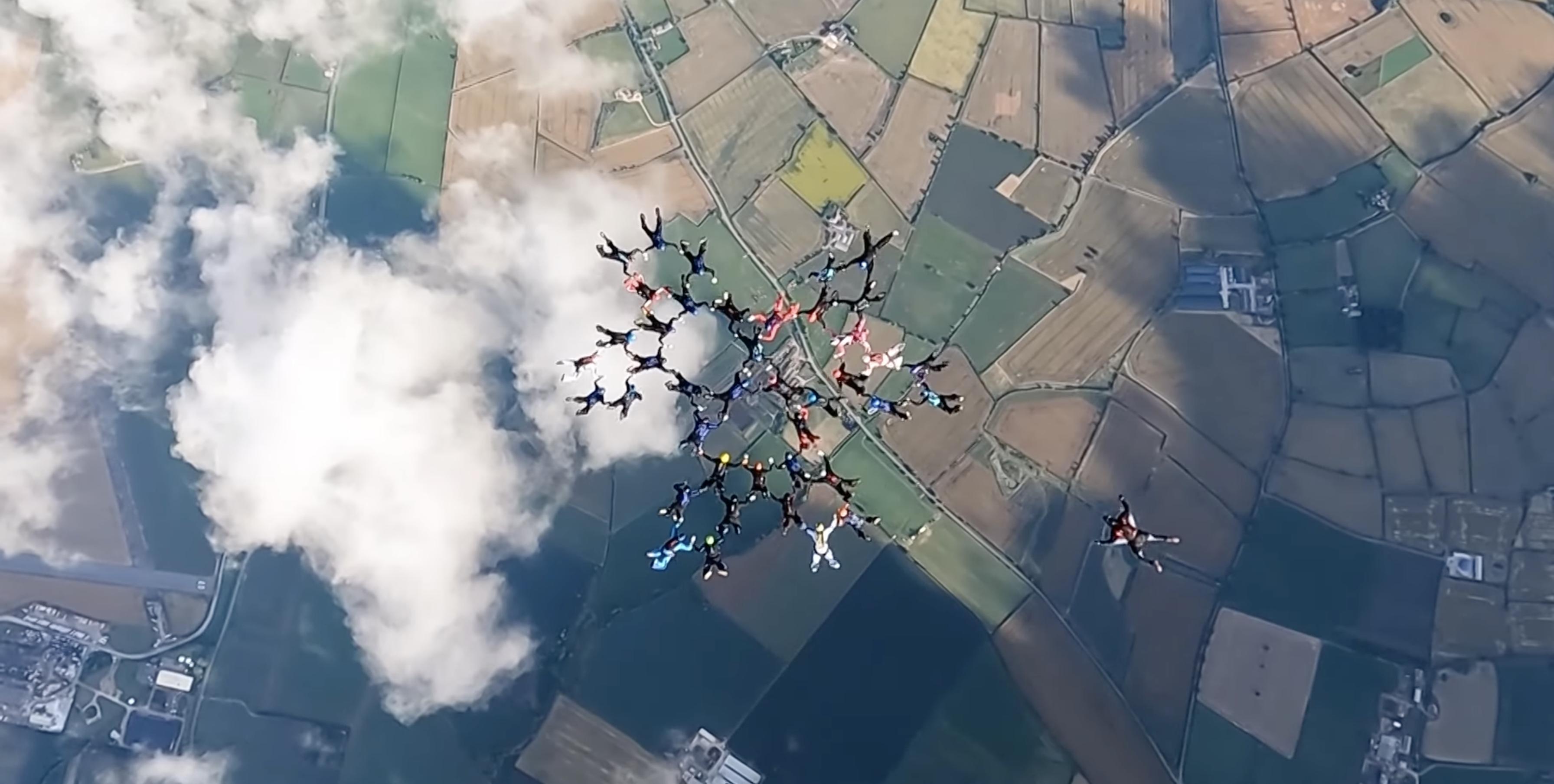 A team of 41 skydivers recently broke the British record for the largest sequential formation dive — and then broke their own record two jumps later, creating three consecutive shapes in the sky.