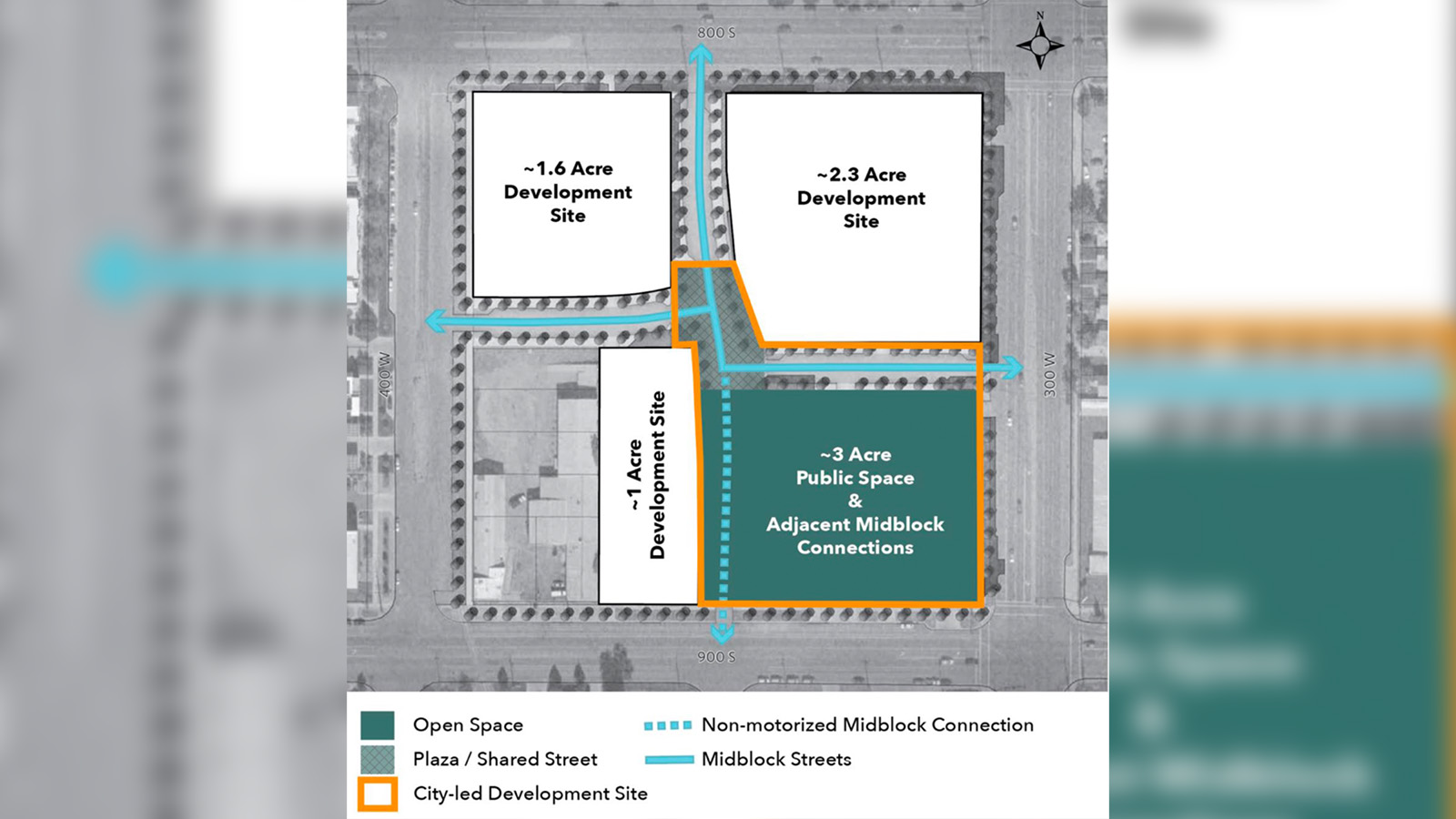 A map showing how the Fleet Block property is proposed to be split up. The new design moves the park or public space from the northeast corner to the southeast corner.