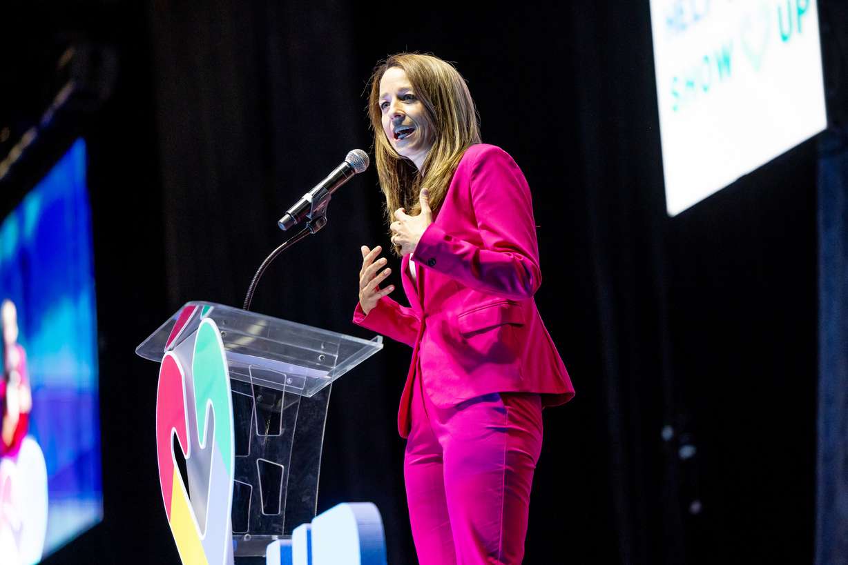 Utah first lady Abby Cox speaks at the Show Up for Teachers Conference at the Mountain America Expo Center in Sandy on Wednesday.