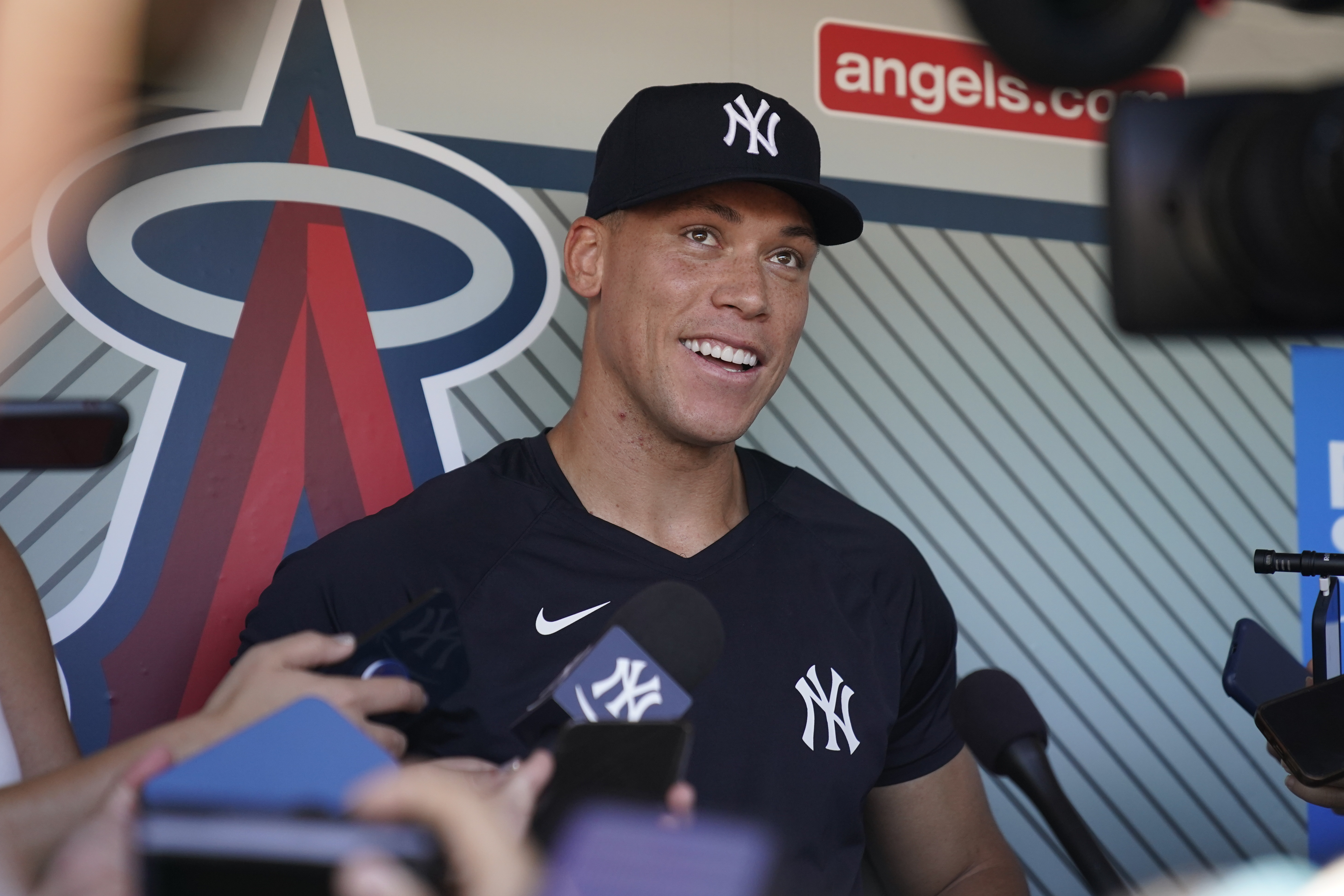 New York Yankees' Aaron Judge speaks to reporters before a baseball game against the Los Angeles Angels in Anaheim, Calif., Wednesday, July 19, 2023. 