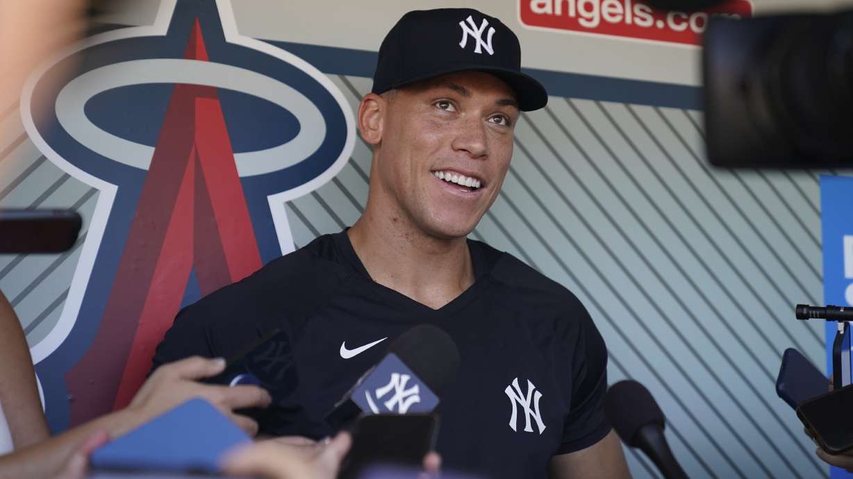 New York Yankees' Aaron Judge speaks to reporters before a baseball game against the Los Angeles Angels in Anaheim, Calif., Wednesday, July 19, 2023.