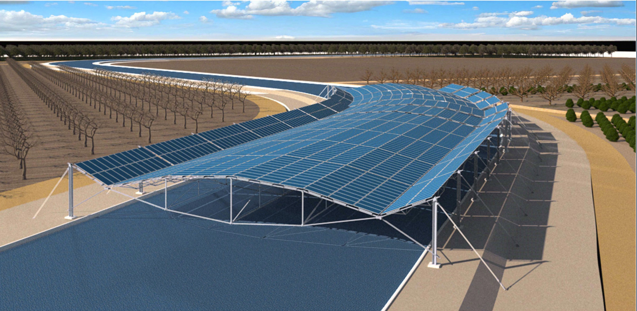 This artist’s rendering provided by Solar AquaGrid, shows a wide-span solar canal canopy being piloted in California’s Central Valley. Solar panels are installed over canals in sunny, water-scarce regions where they make electricity and reduce evaporation. 