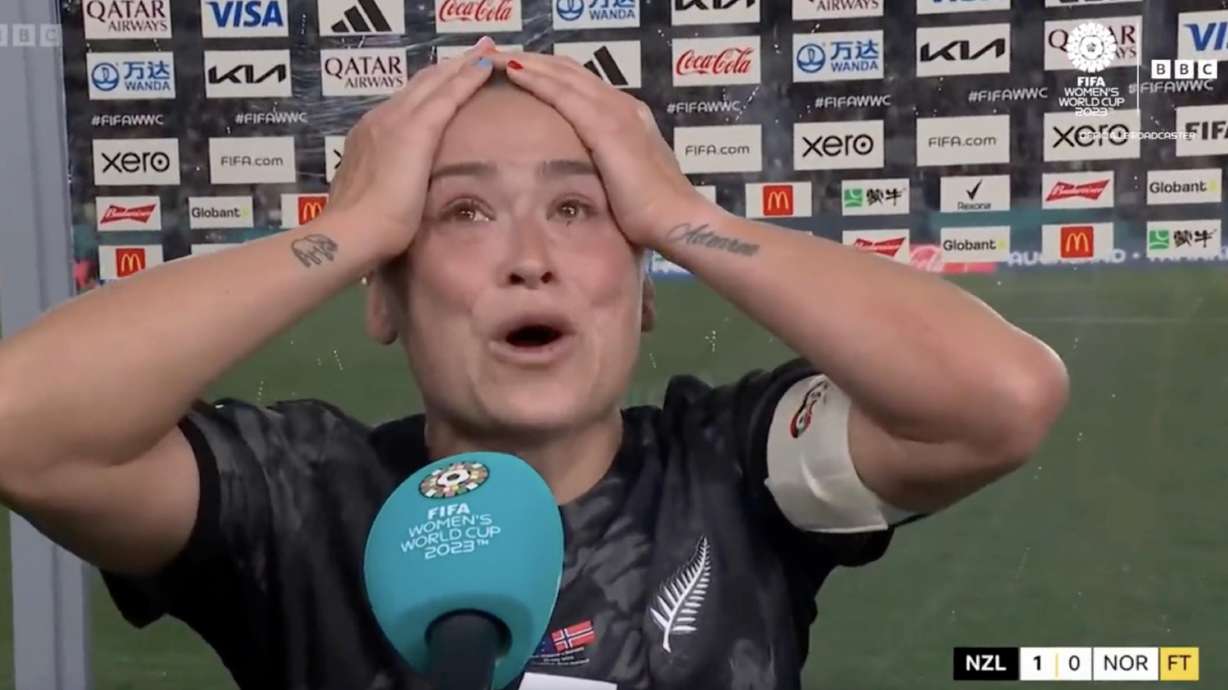 New Zealand captain Ali Riley reacts to the team's upset over Norway in the opening match of the Women's World Cup in Auckland.