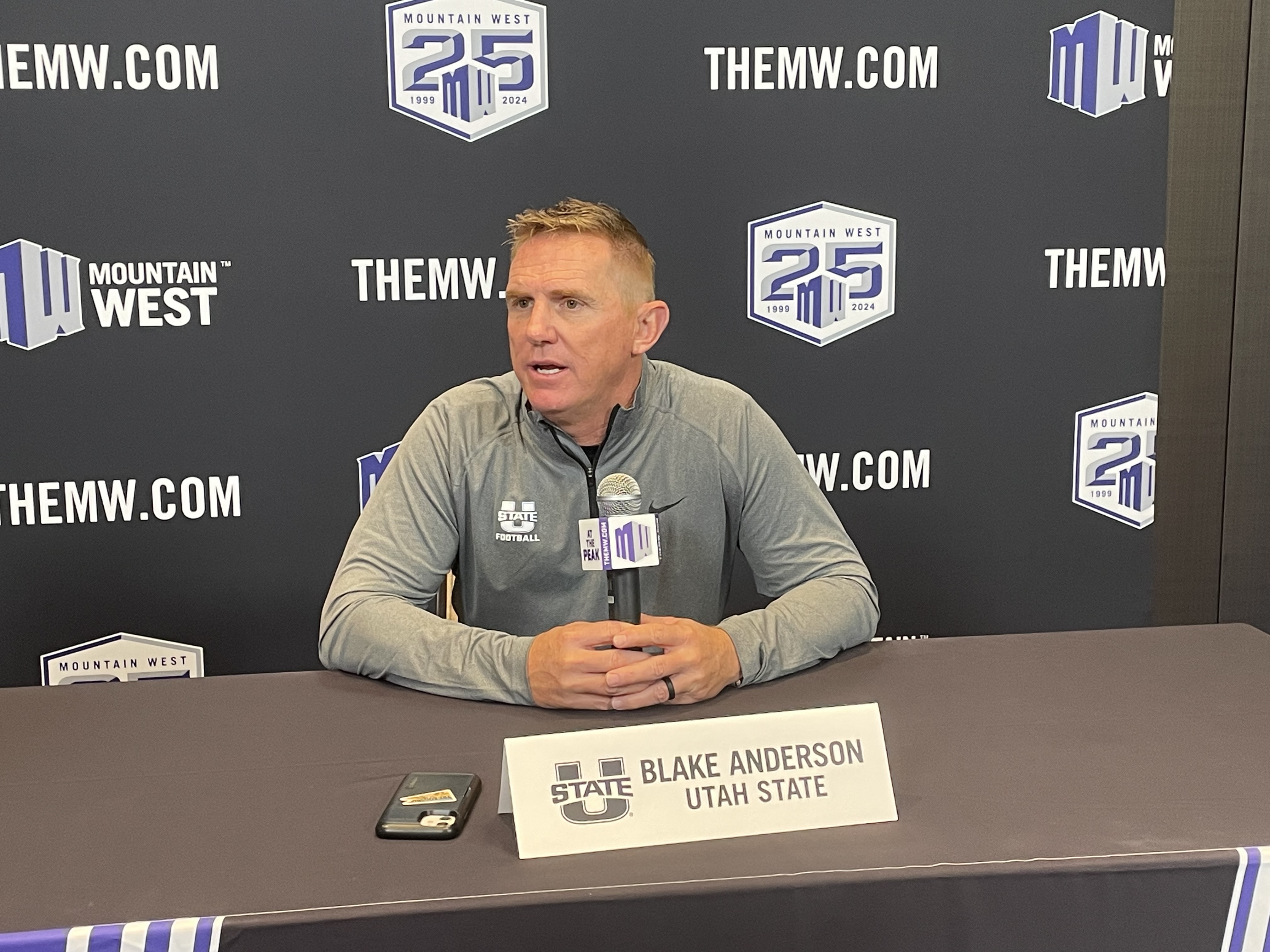 Utah State head coach Blake Anderson speaks with media during a Mountain West media day session in Las Vegas ahead of the 2023 season.