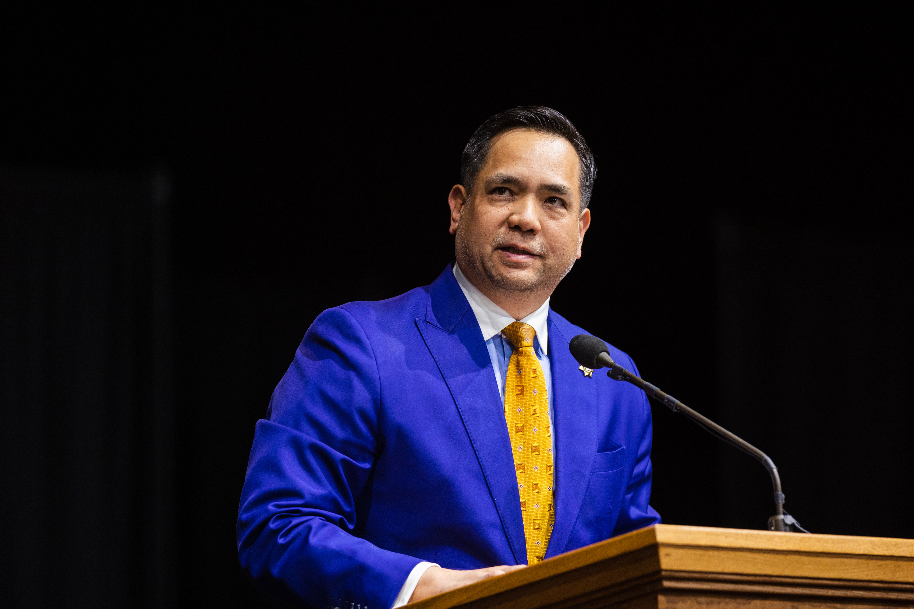 Utah Attorney General Sean Reyes speaks in Orem on April 22. He is joining a lawsuit challenging a federal regulation requiring companies to disclose their reasoning for offering stock buybacks.