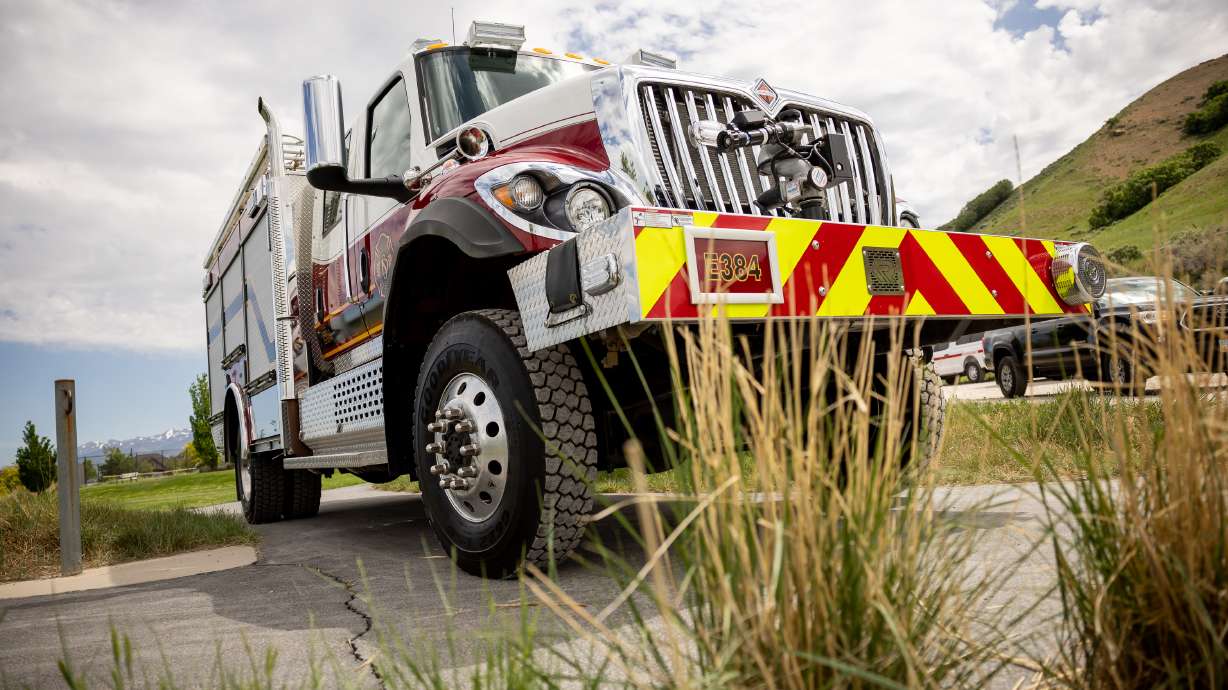 A brush fire truck in North Salt Lake warns residents about wildfire risk June 5. New fire restrictions are in place in three northern Utah counties as the region begins to dry out.