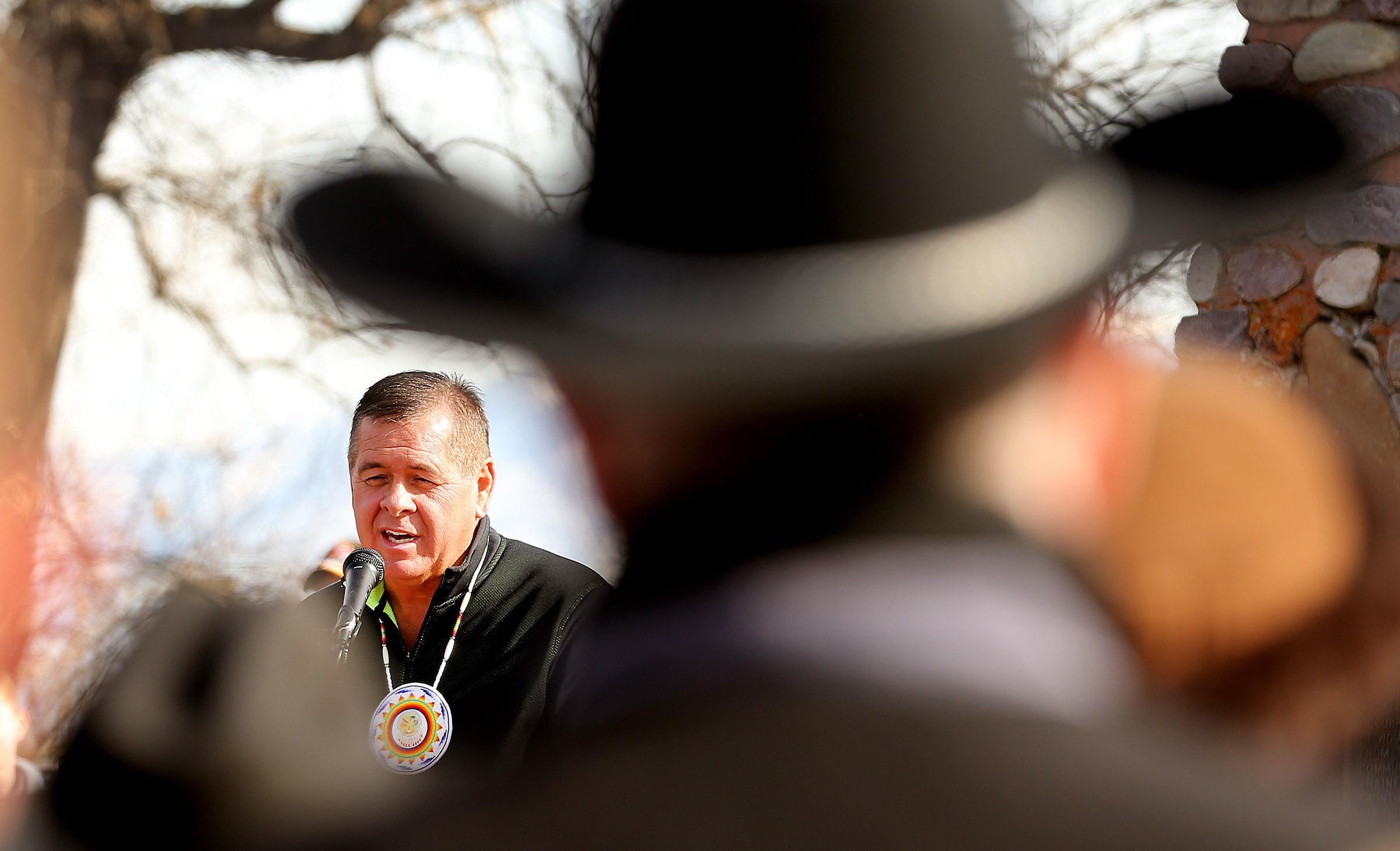 Darren B Parry, chairman of the Northwestern band of the Shoshone Nation, speaks during an annual remembrance ceremony for the Bear River Massacre near Preston, Idaho, on Monday, Jan. 29, 2018. Hundreds of Shoshone men, women and children were killed when the U.S. Army attacked on Jan. 29, 1863.