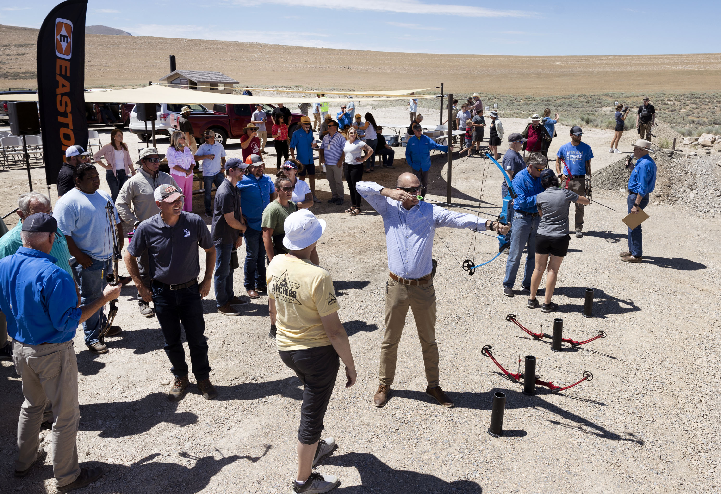 People participate in an archery “fun shoot” at Antelope Island State Park in Syracuse on July 19, 2023.