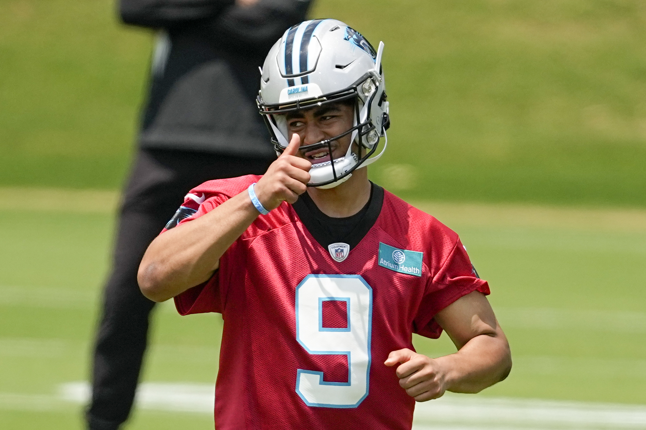 FILE - Carolina Panthers quarterback Bryce Young gestures during the NFL football team's rookie minicamp, Friday, May 12, 2023, in Charlotte, N.C. The Panthers are counting on No. 1 overall pick Bryce Young to end a five-year playoff drought. 