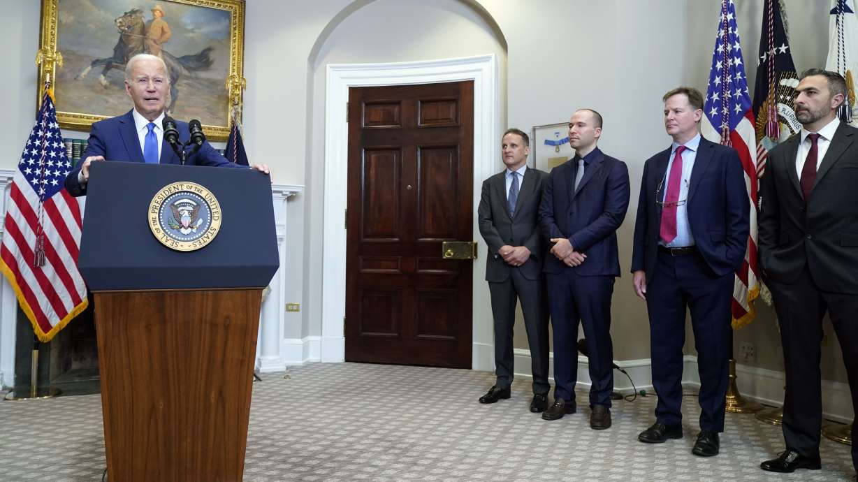 President Joe Biden speaks about artificial intelligence in the Roosevelt Room of the White House on July 2, in Washington, as tech executives from left, Adam Selipsky, Greg Brockman, Nick Clegg, and Mustafa Suleyman, listen.
