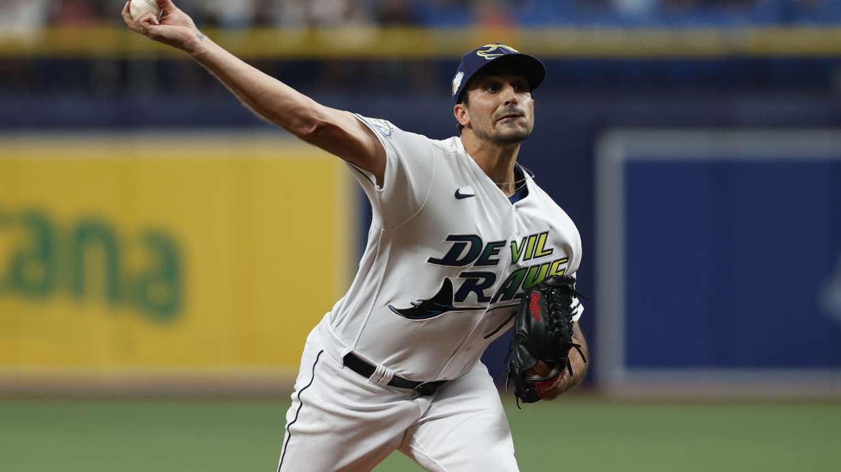 Tampa Bay Rays starting pitcher Zach Eflin throws to a Baltimore Orioles batter during the first inning during a baseball game Friday, July 21, 2023, in St. Petersburg, Fla.