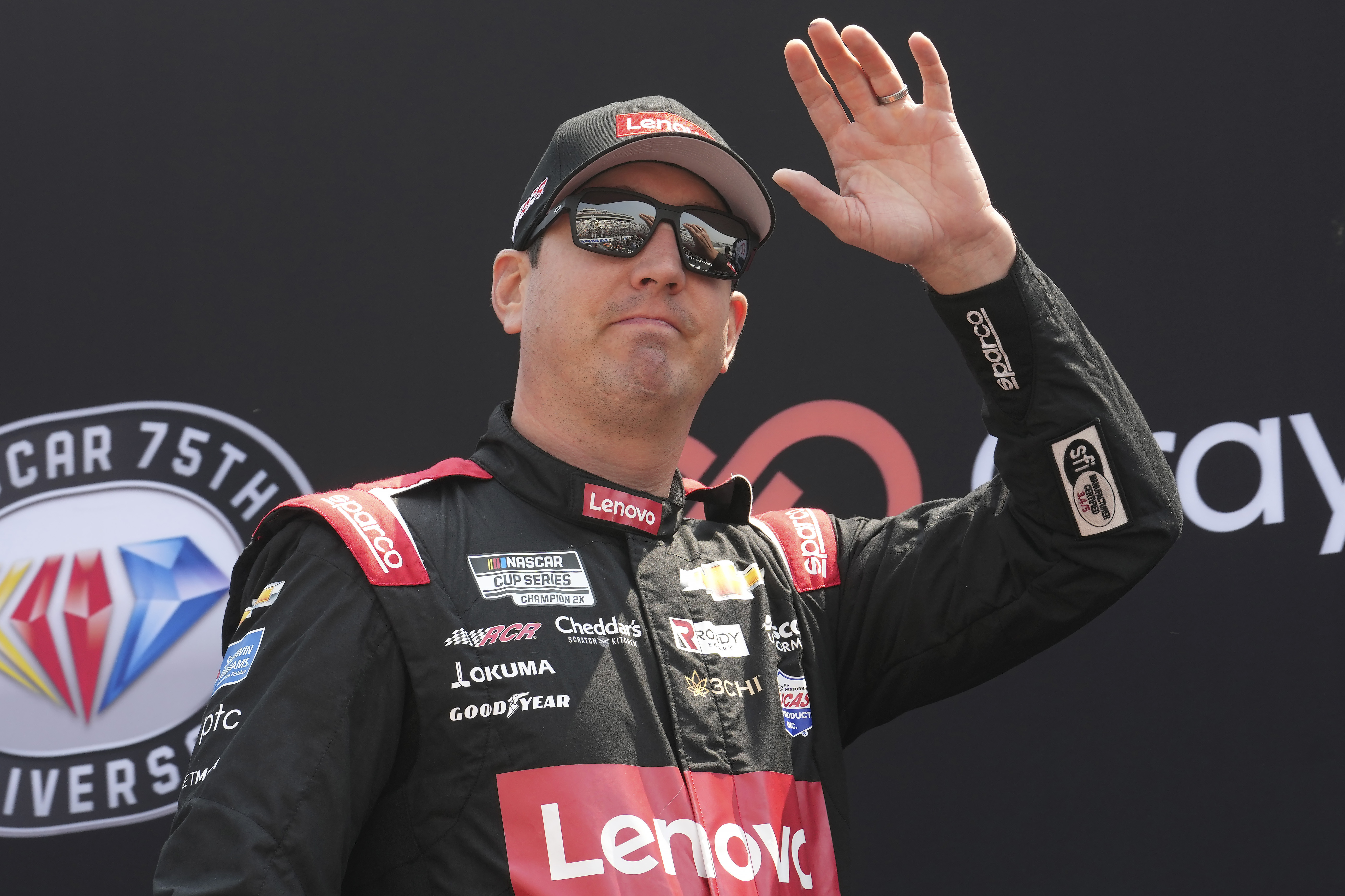 FILE - NASCAR Cup Series driver Kyle Busch is introduced before the Crayon 301 NASCAR Cup Series race, Monday, July 17, 2023, at New Hampshire Motor Speedway, in Loudon, N.H. Denny Hamlin and Busch return to Pocono Raceway a year after they suffered disqualifications and had their 1-2 finishes thrown out. 