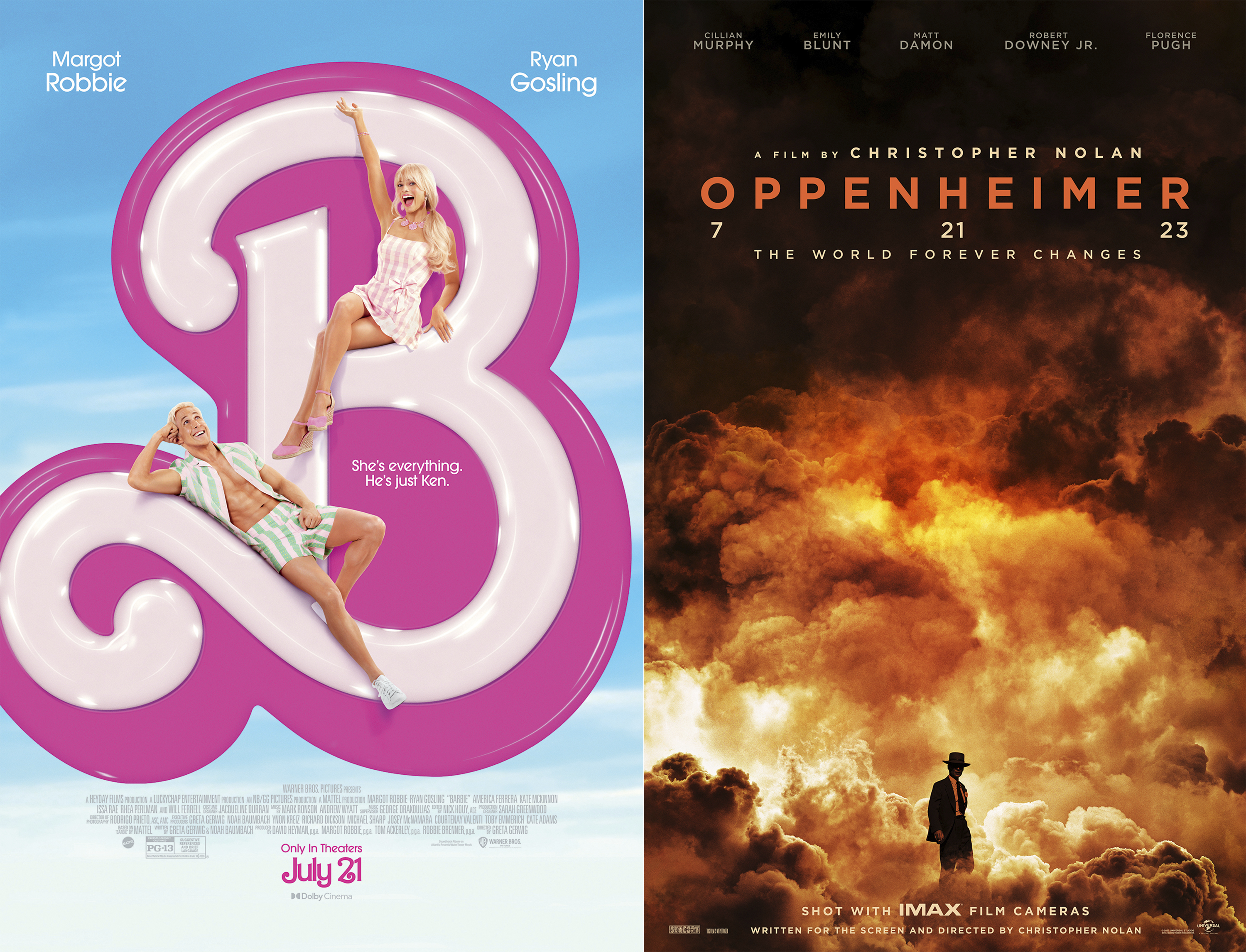 This combination of images shows promotional art for "Barbie," left, and "Oppenheimer." 