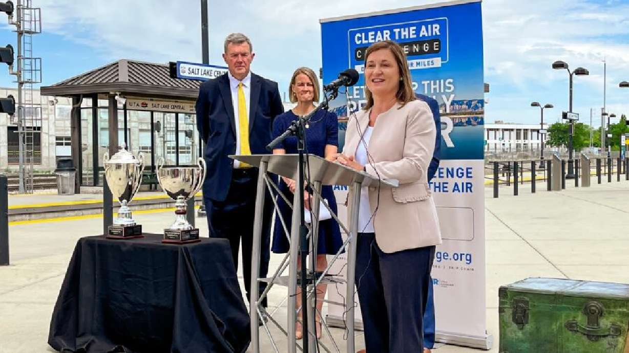 Salt Lake County Mayor Jenny Wilson speaks during a "Clear the Air Challenge" press conference at Salt Lake Central Station in Salt Lake City on July 18.