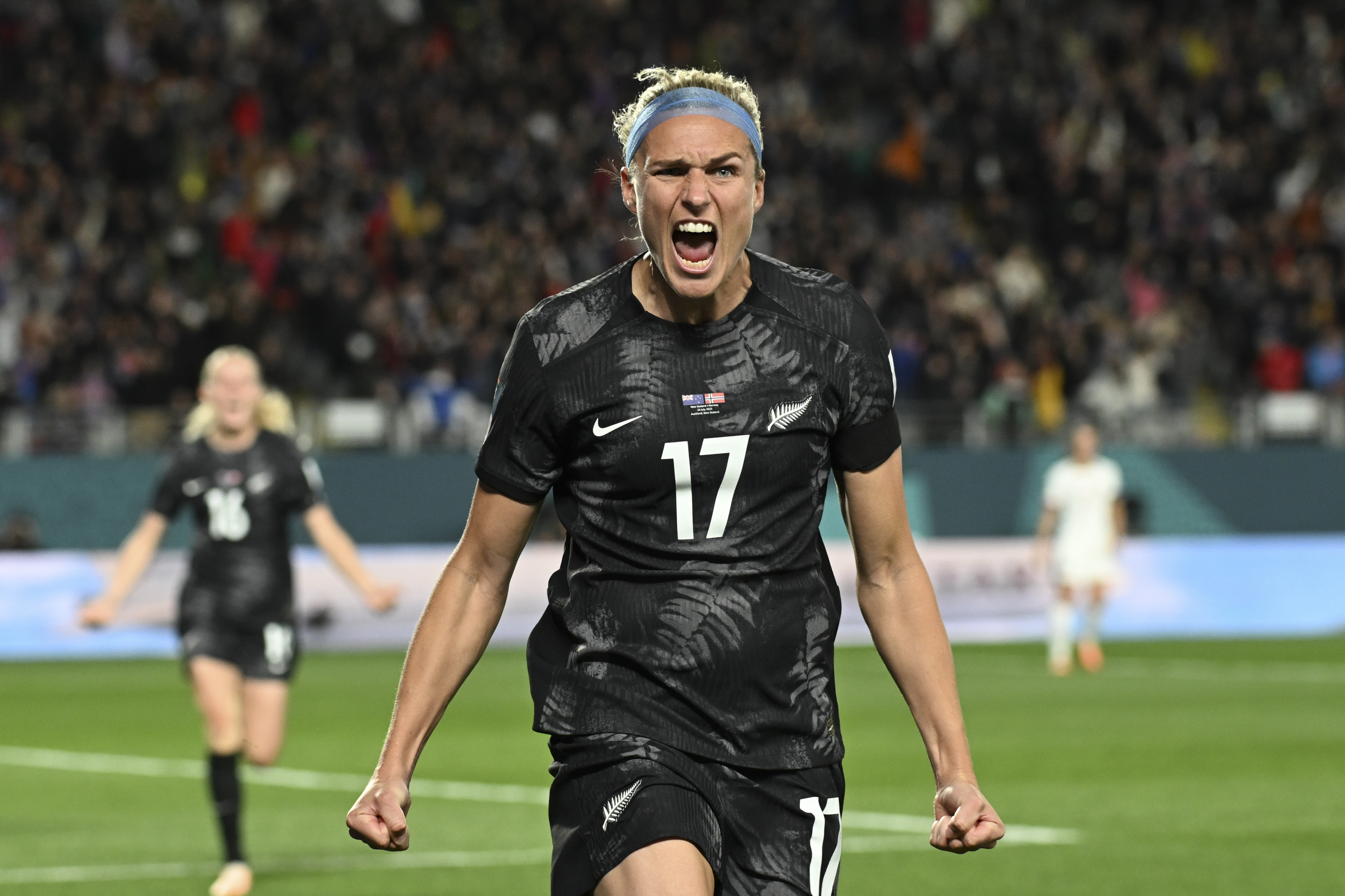 New Zealand's Hannah Wilkinson celebrates after scoring the opening goal during the Women's World Cup soccer match between New Zealand and Norway in Auckland, New Zealand, Thursday, July 20, 2023. 