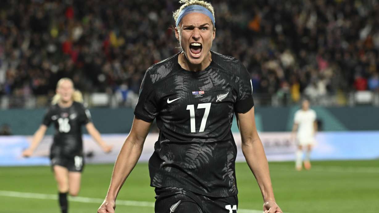 New Zealand's Hannah Wilkinson celebrates after scoring the opening goal during the Women's World Cup soccer match between New Zealand and Norway in Auckland, New Zealand, Thursday, July 20, 2023.
