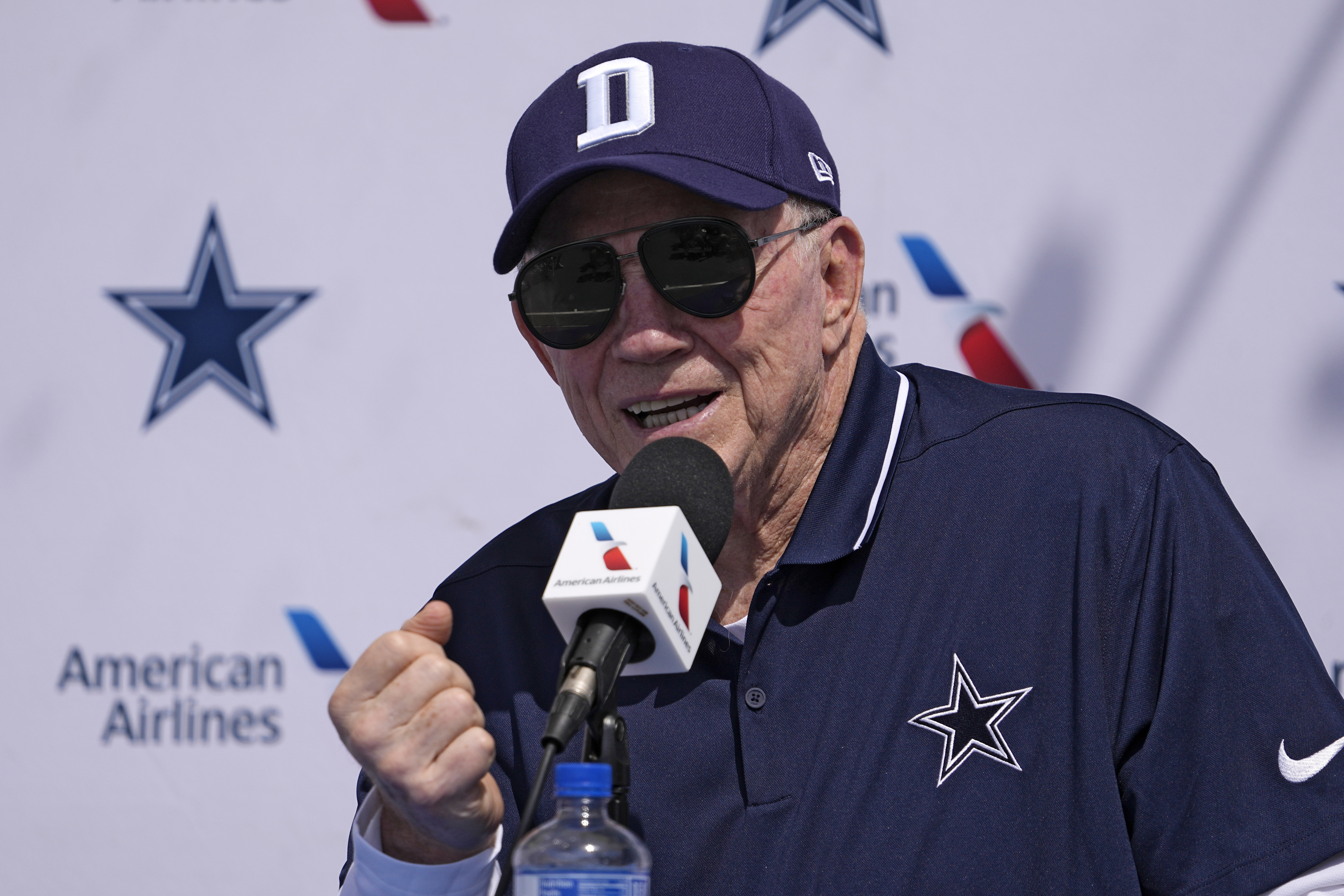 Dallas Cowboys owner Jerry Jones speaks to reporters during a news conference ahead of the NFL football team's training camp Tuesday, July 25, 2023, in Oxnard, Calif. 