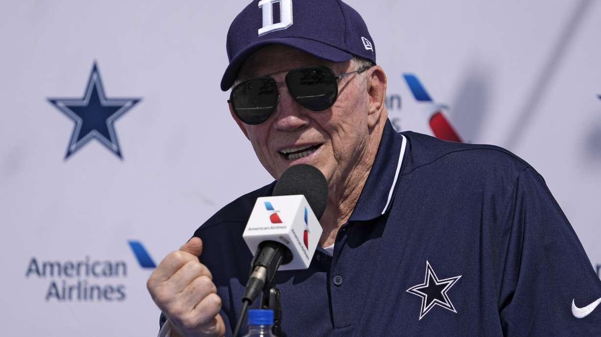 Dallas Cowboys owner Jerry Jones speaks to reporters during a news conference ahead of the NFL football team's training camp Tuesday, July 25, 2023, in Oxnard, Calif.