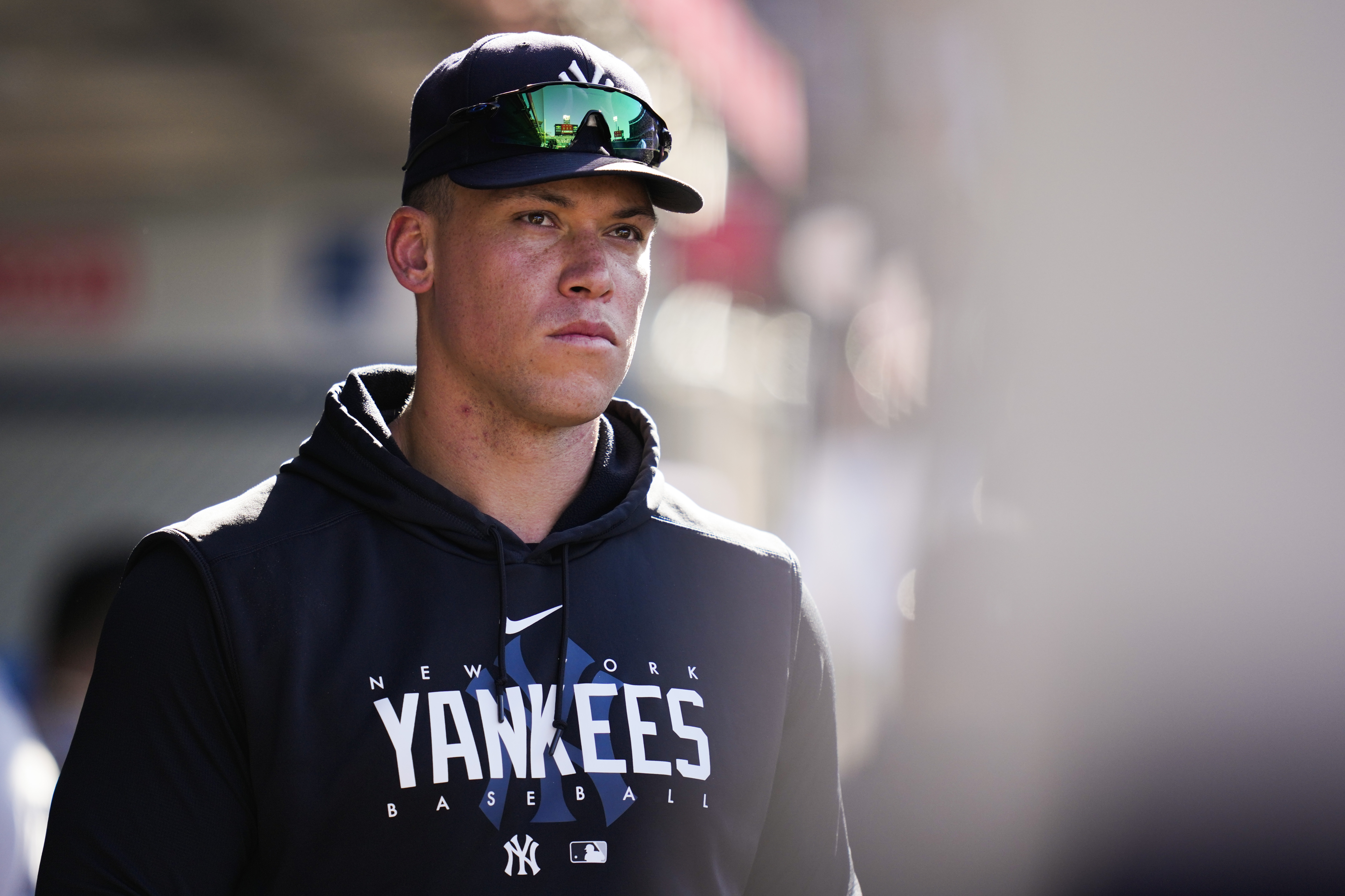New York Yankees' Aaron Judge stands in the dugout during the fifth inning of a baseball game against the Los Angeles Angels in Anaheim, Calif., Wednesday, July 19, 2023.