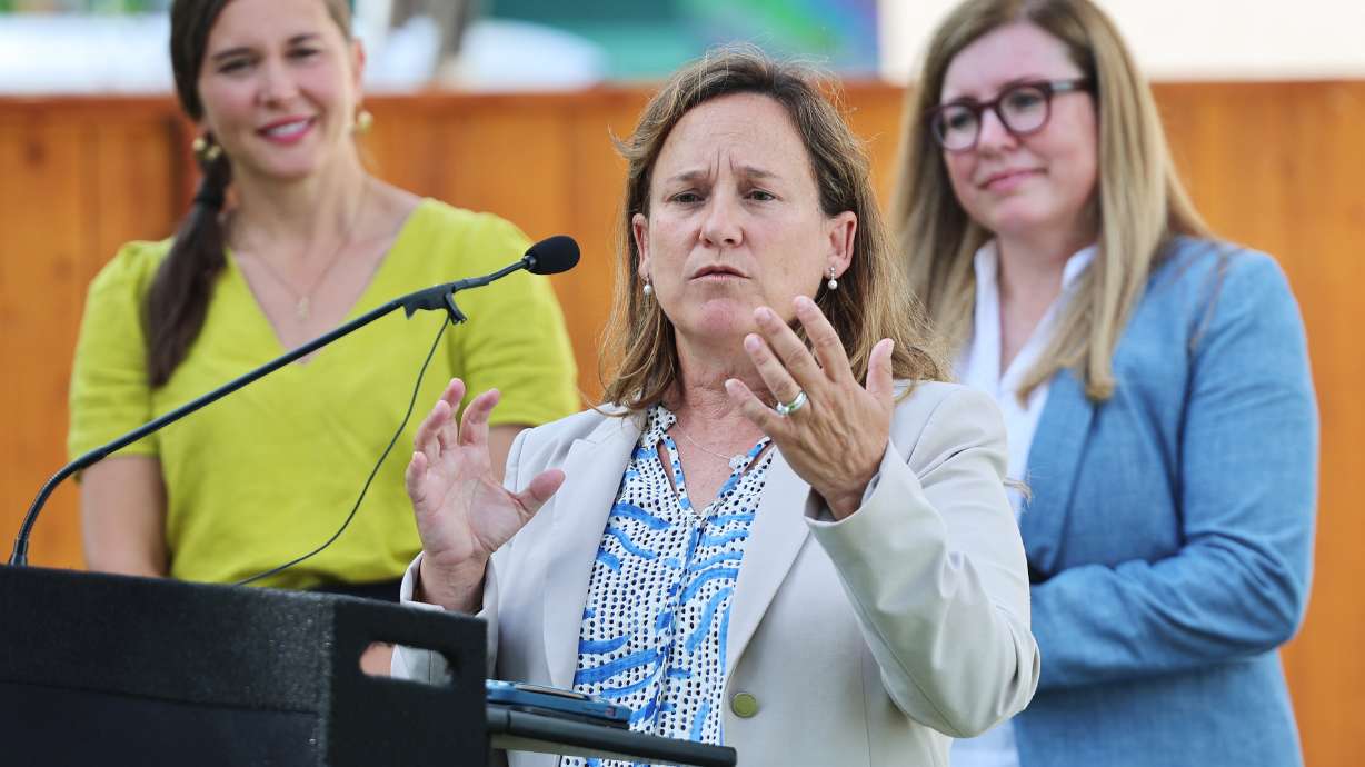 U.S. Environmental Protection Agency regional administrator KC Becker speaks as she joins Salt Lake City Mayor Erin Mendenhall and Utah Department of Environmental Quality director Kim Shelley in Salt Lake City on Tuesday.