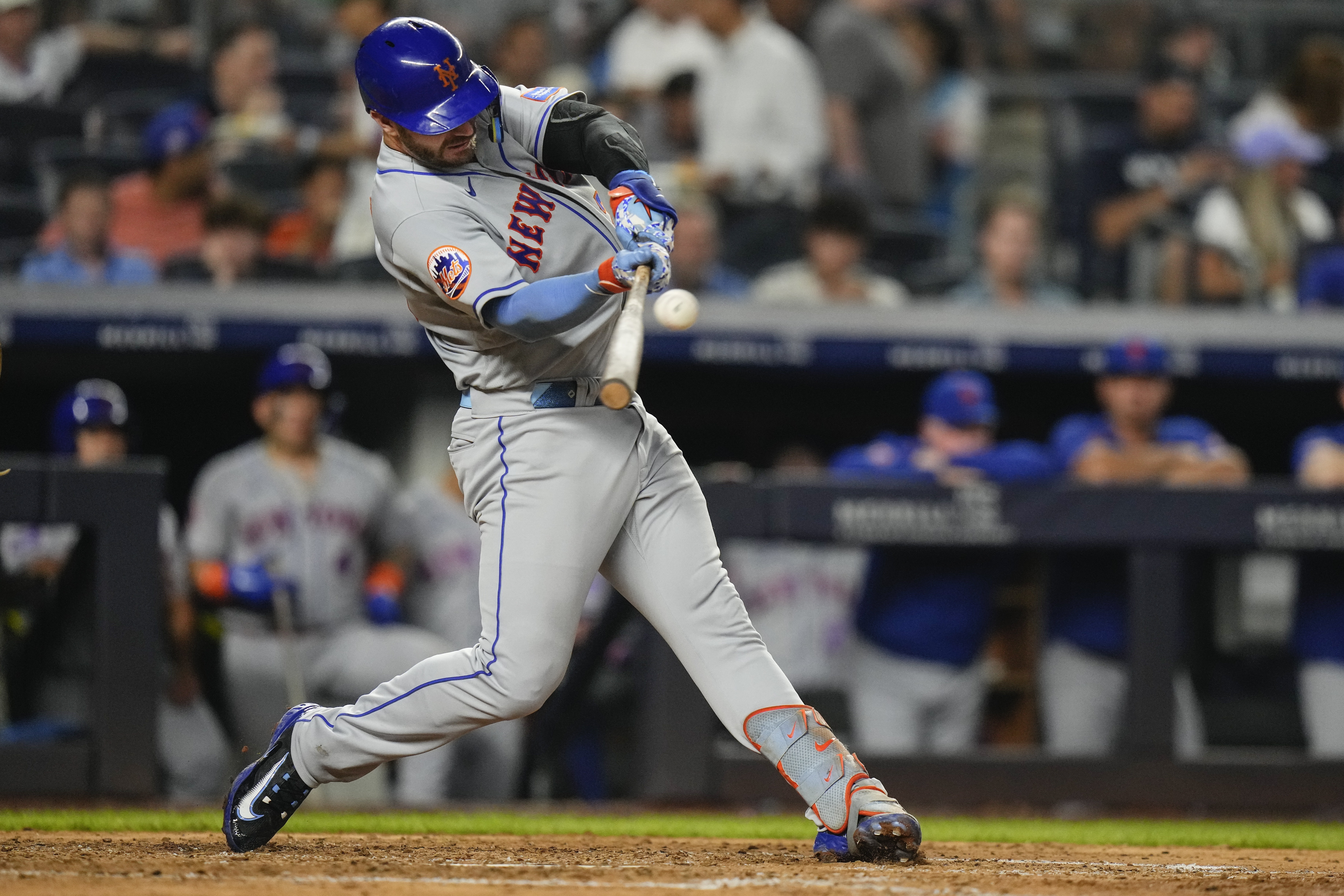 New York Mets' Pete Alonso hits a home run during the sixth inning of a baseball game against the New York Yankees, Tuesday, July 25, 2023, in New York.