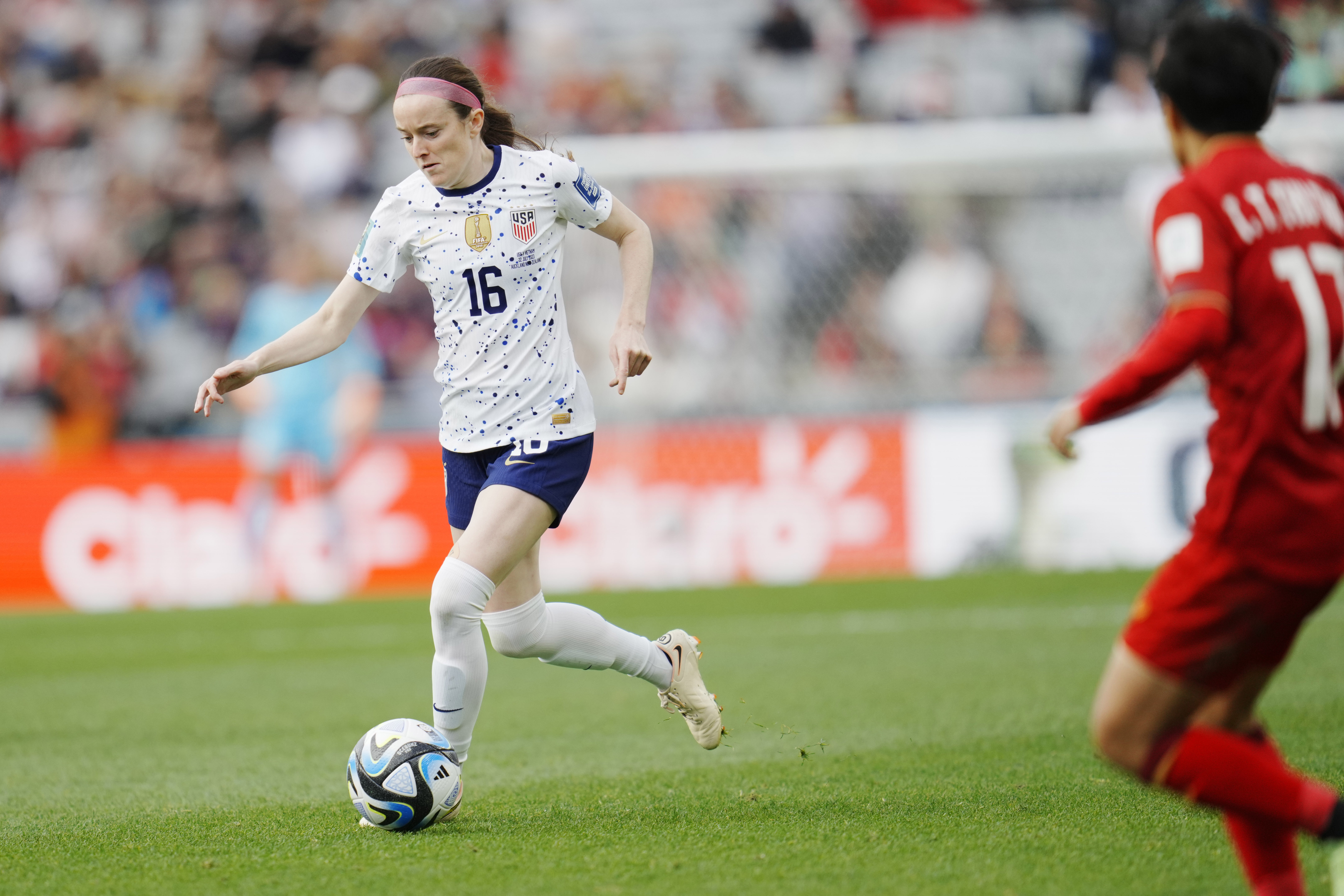 United States' Rose Lavelle dribbles during second half of the the Women's World Cup Group E soccer match between the United States and Vietnam at Eden Park in Auckland, New Zealand, Saturday, July 22, 2023. 