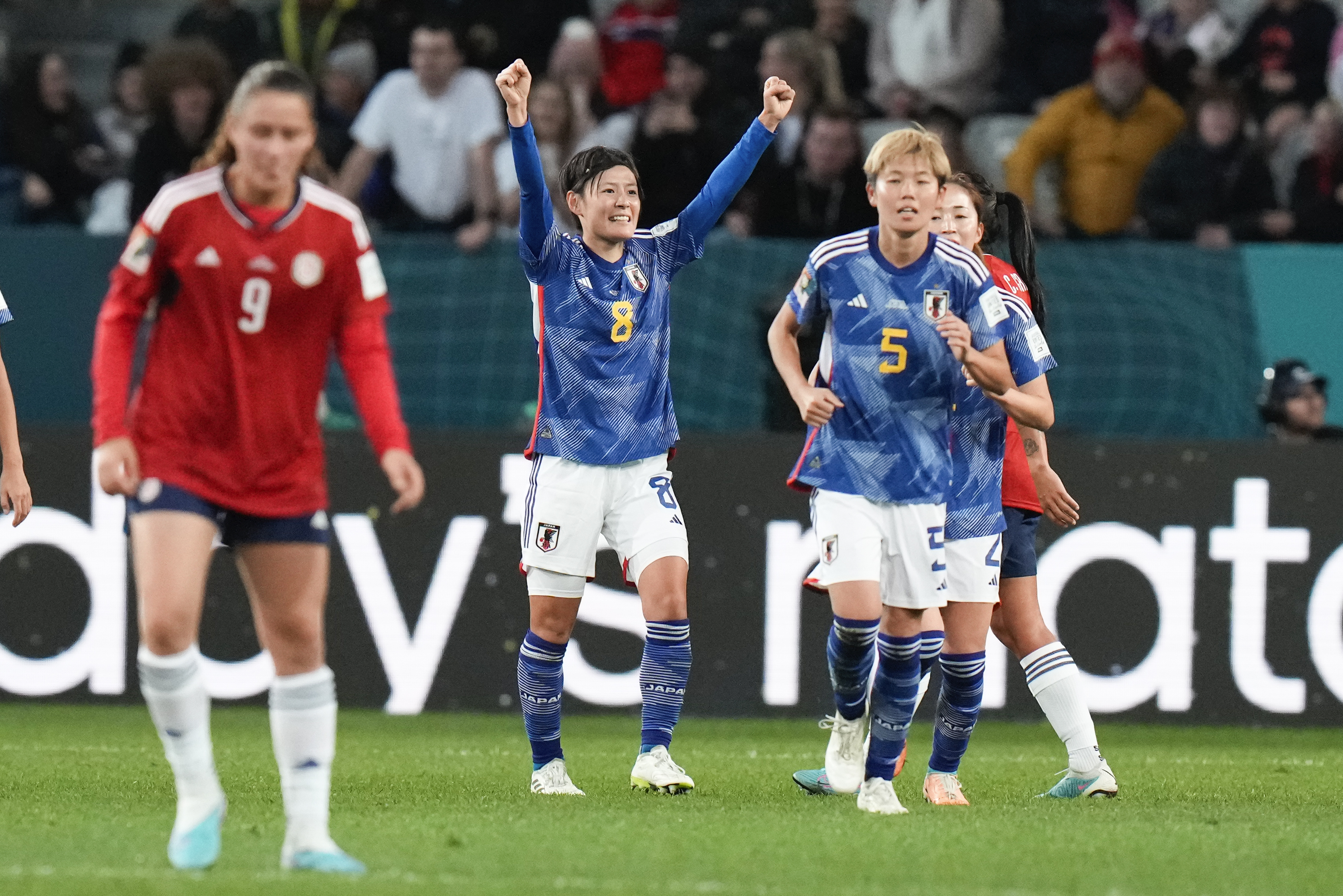 Japan's Hikaru Naomoto, second left, celebrates after scoring her team's first goal during the Women's World Cup Group C soccer match between Japan and Costa Rica in Dunedin, New Zealand, Wednesday, July 26, 2023. 