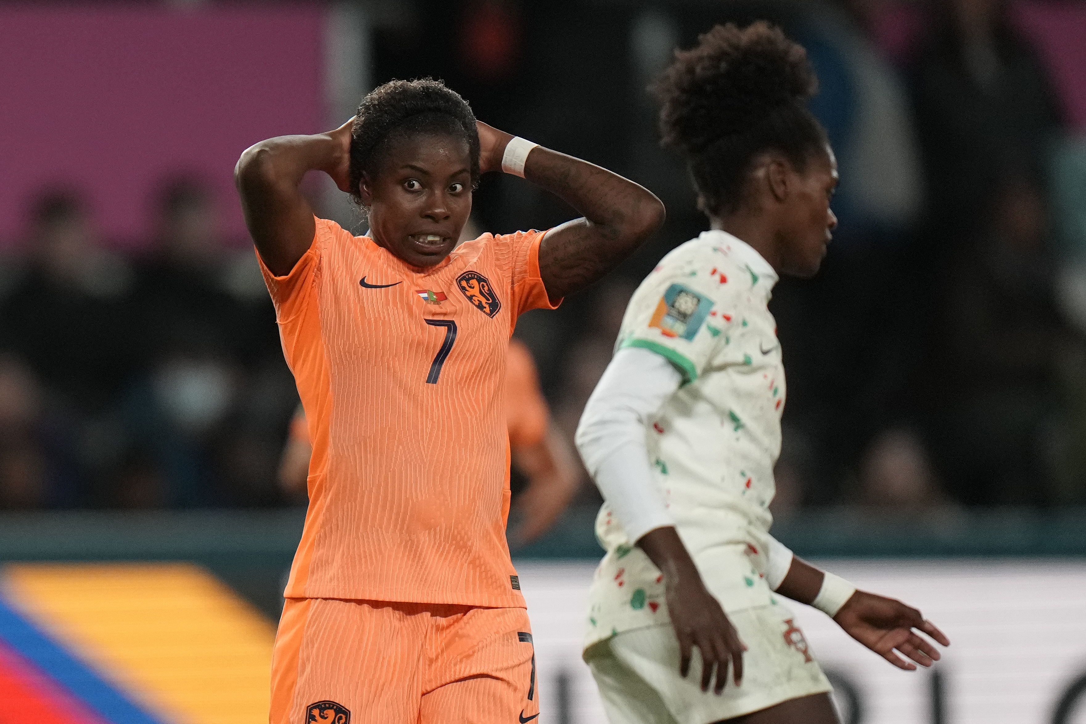 Netherlands' Lineth Beerensteyn , left, reacts during the second half of the FIFA Women's World Cup Group E soccer match between the Netherlands and Portugal in Dunedin, New Zealand, Sunday, July 23, 2023. 