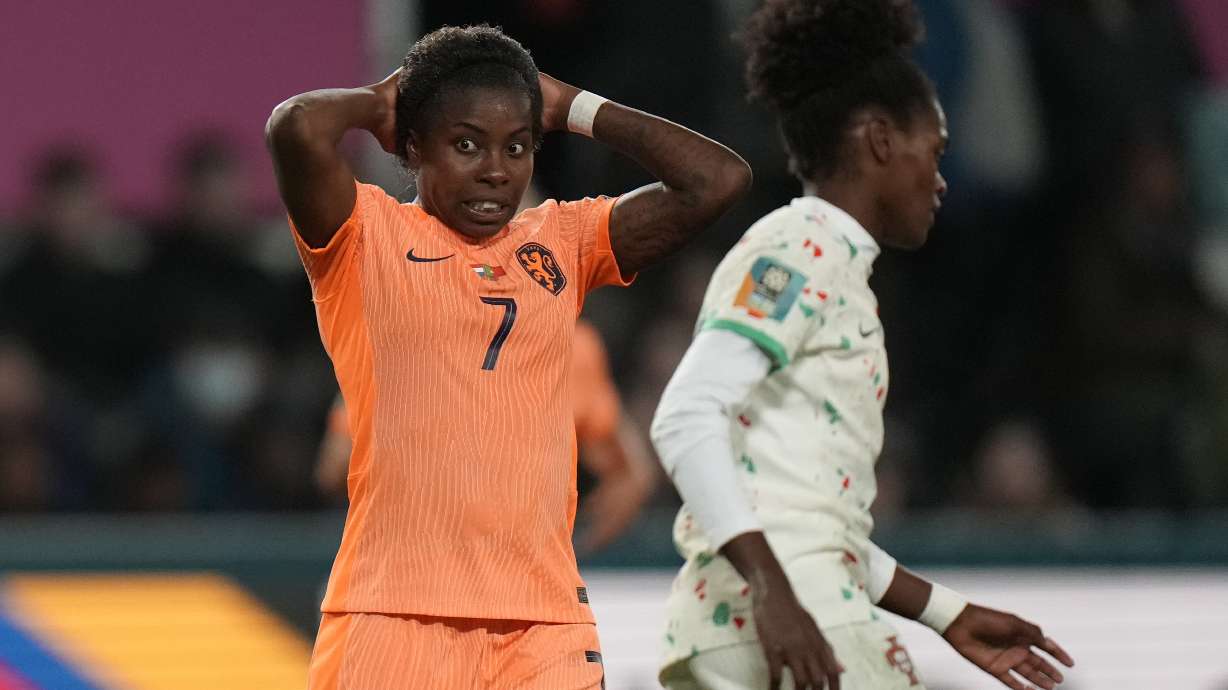 Netherlands' Lineth Beerensteyn , left, reacts during the second half of the FIFA Women's World Cup Group E soccer match between the Netherlands and Portugal in Dunedin, New Zealand, Sunday, July 23, 2023.
