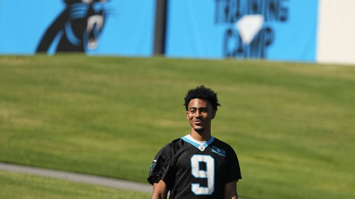 Carolina Panthers quarterback Bryce Young arrives at the NFL football team's training camp on Wednesday, July 26, 2023, in Spartanburg, S.C.